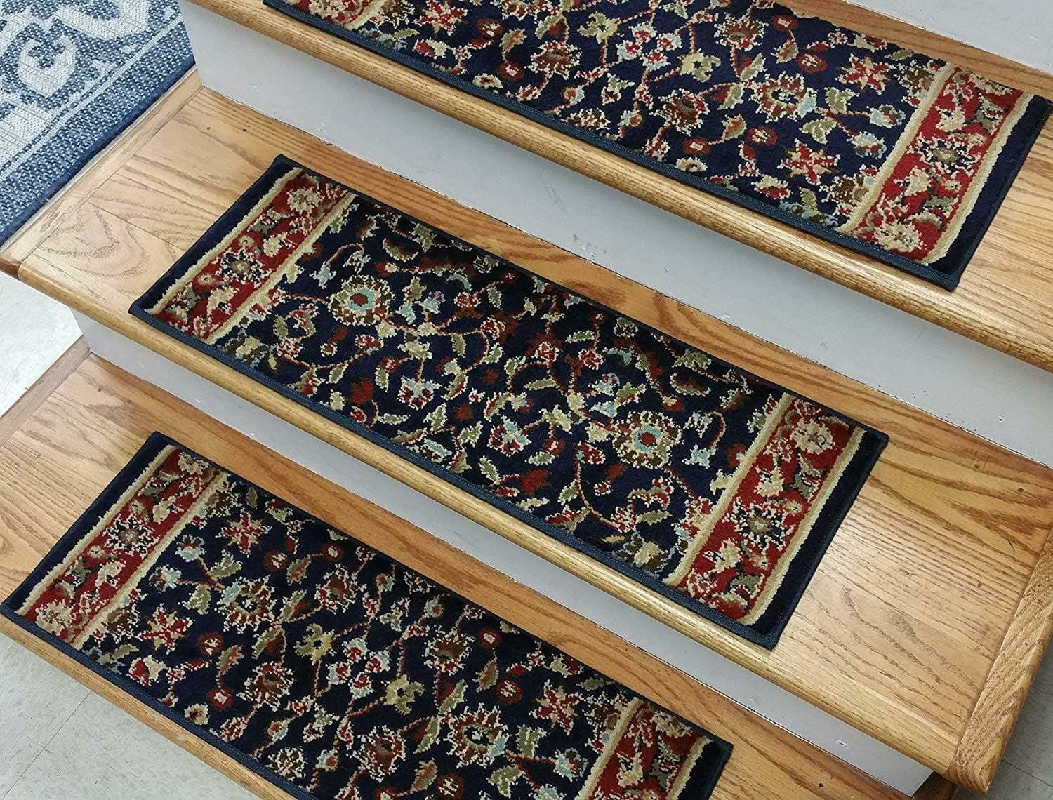 Rug Depot Traditional Oriental Non Slip Carpet Stair Treads - Navy Blue Background - Set of 7 Treads 26” x 9” - Applied with Non Slip Tabs - 100% Polypropylene Custom Made Stair Treads - 839128