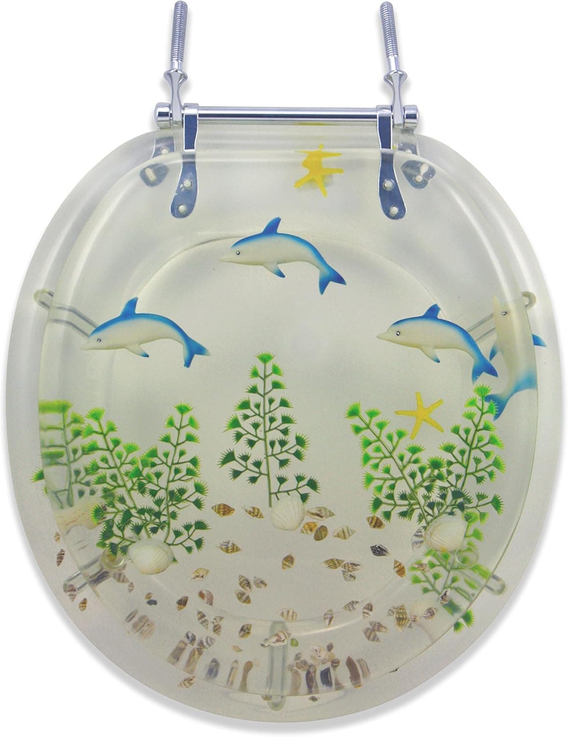 LDR 050 1230CL-DLP Round Clear Acrylic Toilet Seat with Life Like Dolphin Design and Shiny Chrome Hinges and Bolts
