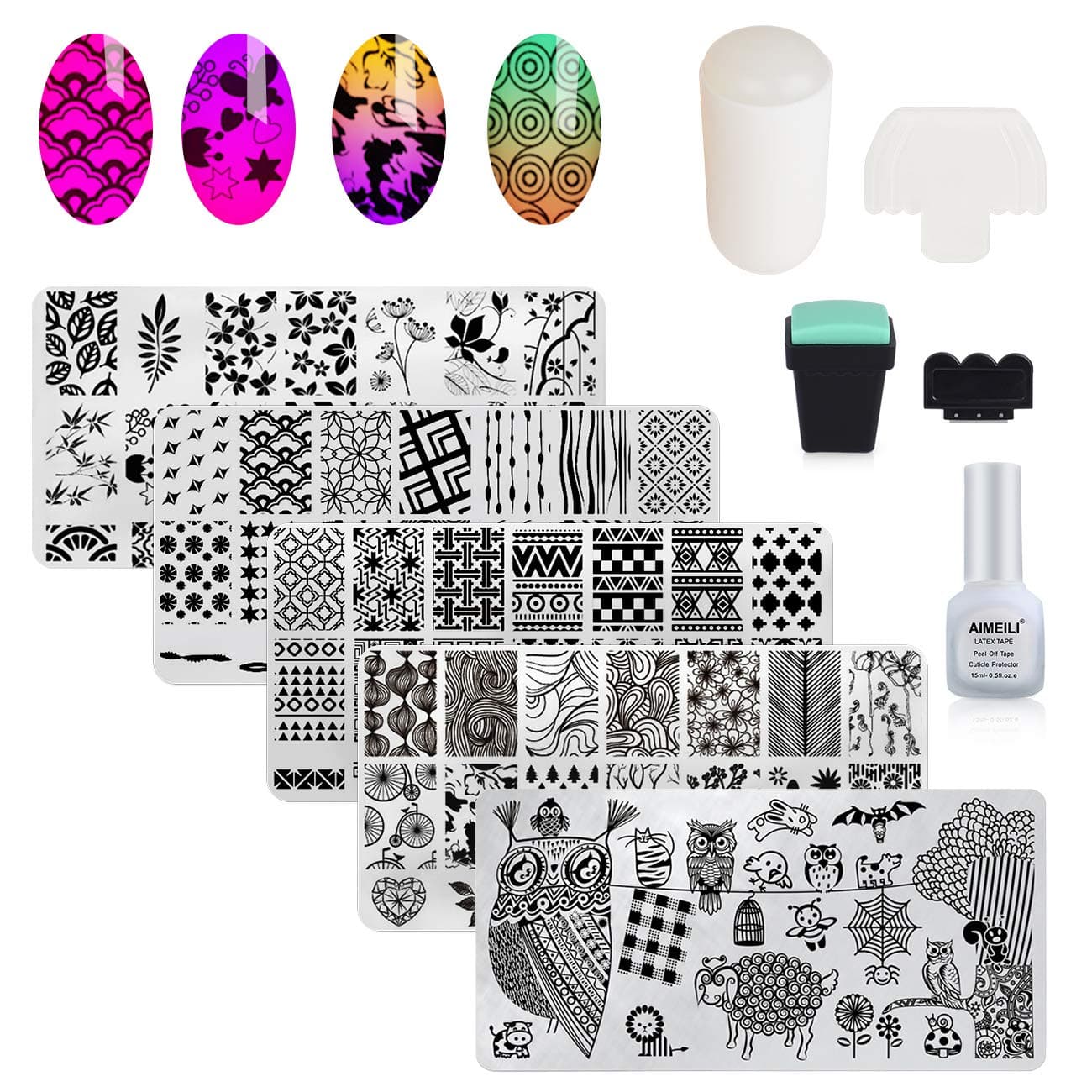 AIMEILI Nail Art Stamping Templates Manicure Tool Kit, 5pcs Nail Stamping Plates, 1 Latex Peel Off Tape, 2 Stamper, 2 Scraper
