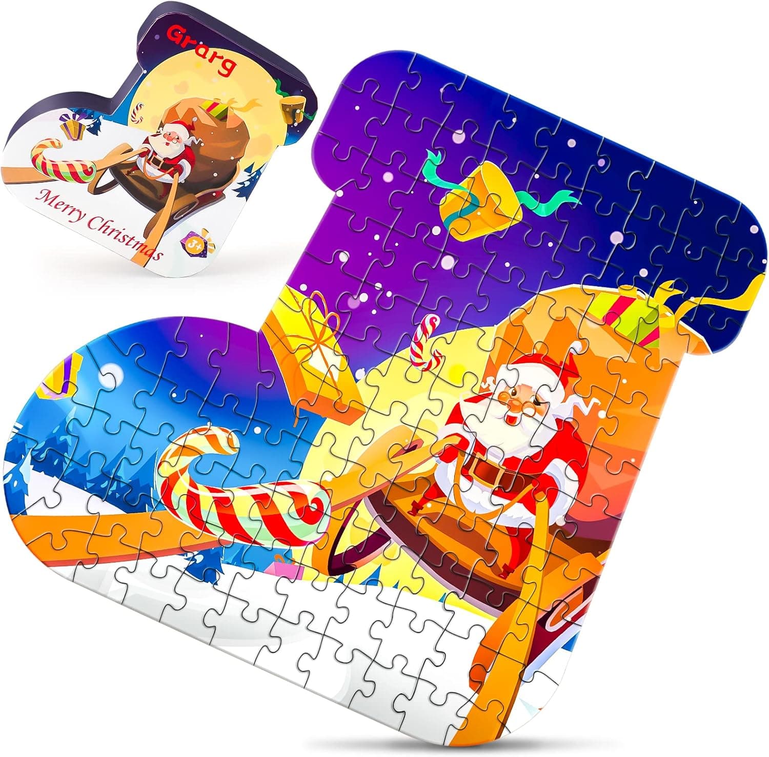 Grarg Christmas Jigsaw Puzzle for Kids Ages 4-8, 100 Piece Santa Claus Floor Puzzle Preschool Toys for 4 5 6 7 8 Years Old Girl Boy Toddler Toy (Christmas Sock)