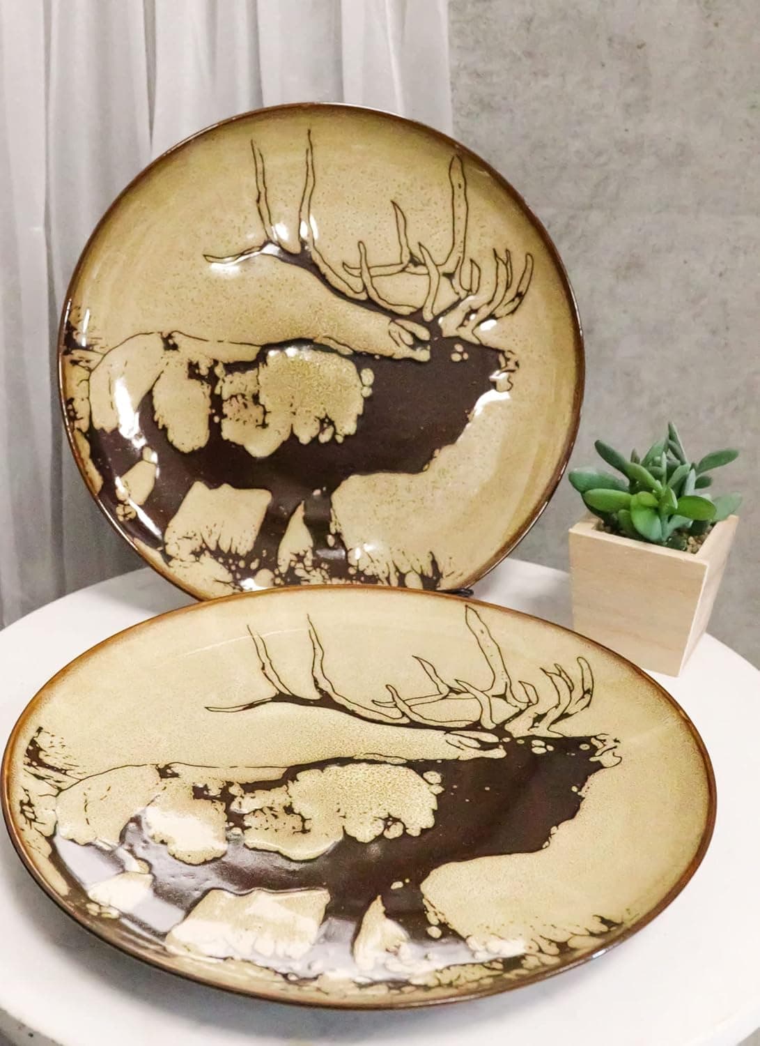 Ebros Animal Wildlife Forest Giant Emperor Bull Elk Abstract Art Large Round Dinner Plate Set of 2 10.75" Plates Dishwasher Microwave Safe Dinnerware Dishes