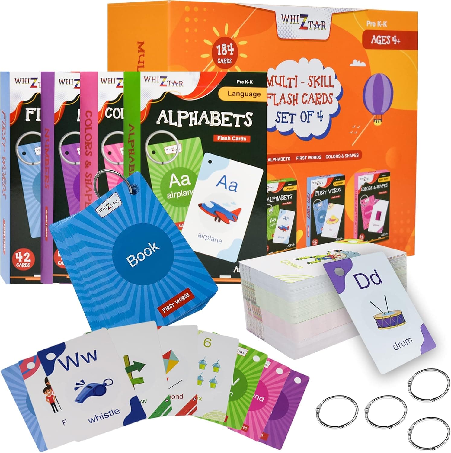 Educational Flash Cards for Toddlers - Set of 4 184 Cards Numbers, First Words, Colors, Shapes, and Alphabet Flashcards - 4 Binder Rings - Sight Words Pre K-K, Preschool, Kindergarten, by Whiztar