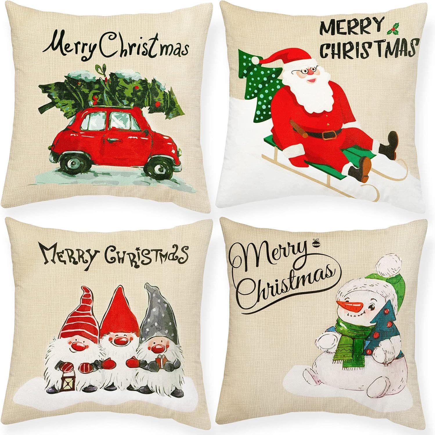 LCJXCMY Cute Christmas Pillow Covers 18x18 Set of 4 with Truck Snowman Santa Gnomes Patterns, Decorative Throw Cushion Case for Couch Sofa Bed, Xmas Decor