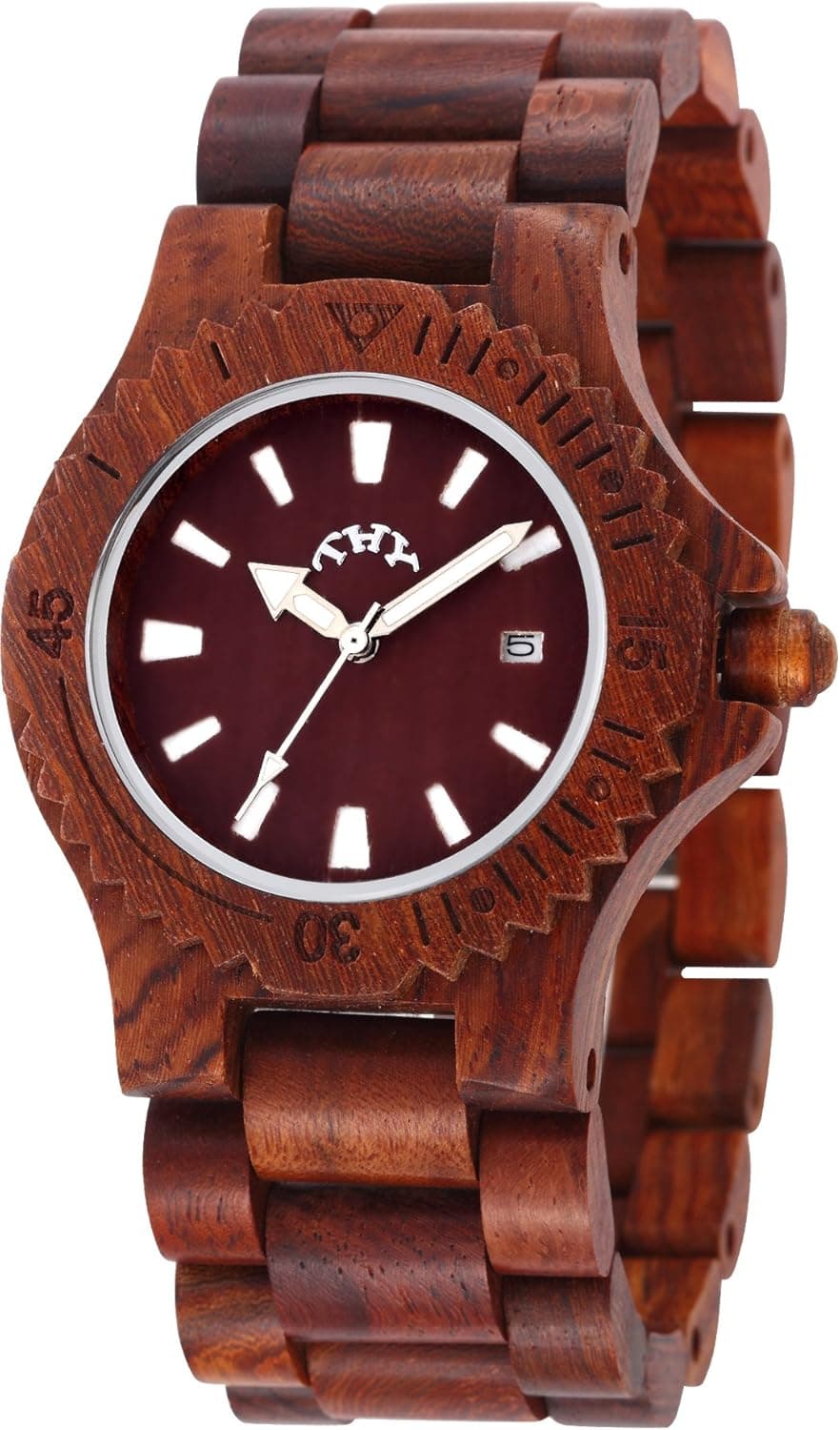 Thy Fashion Men's Red Round Black Dial Wooden Watch with 40 Mm Size W00007