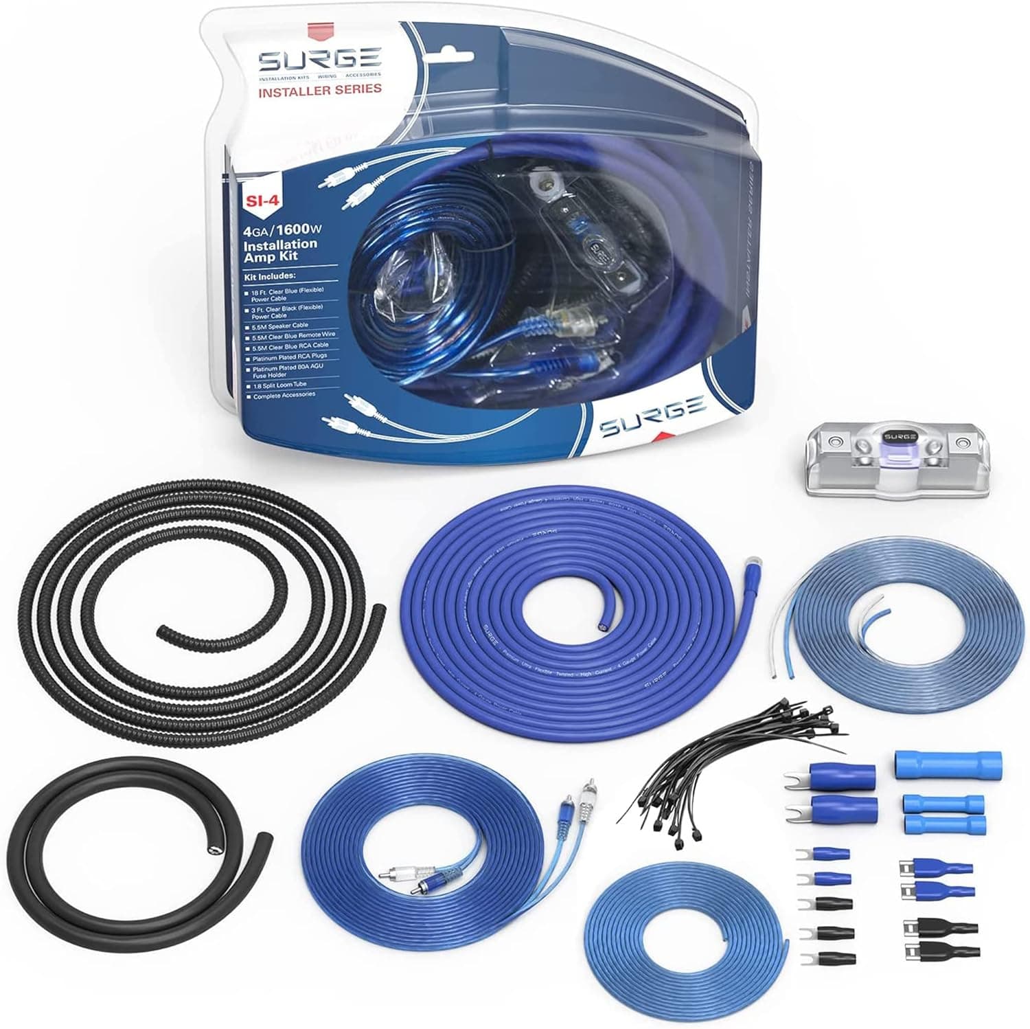 Surge Series Amplifier Wiring Kit - 4 Gauge Amp Kit - True Spec AWG Amp Wiring Kit - 1600W 4 Gauge Wire w/ 100A mini-ANL Fuse Holder Car Audio Wiring Kit - Amplifier Installation for Great Car Audio