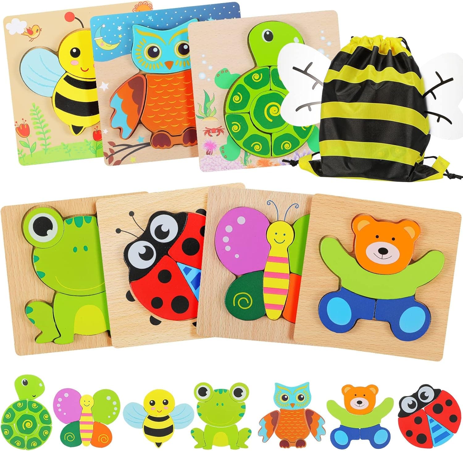 7 Pieces Wooden Animal Puzzle for Toddler 1 2 3 4 Years Old, Animal Jigsaw Puzzles Set with Organize Bag Early Learning Educational Toys Gift for Kids