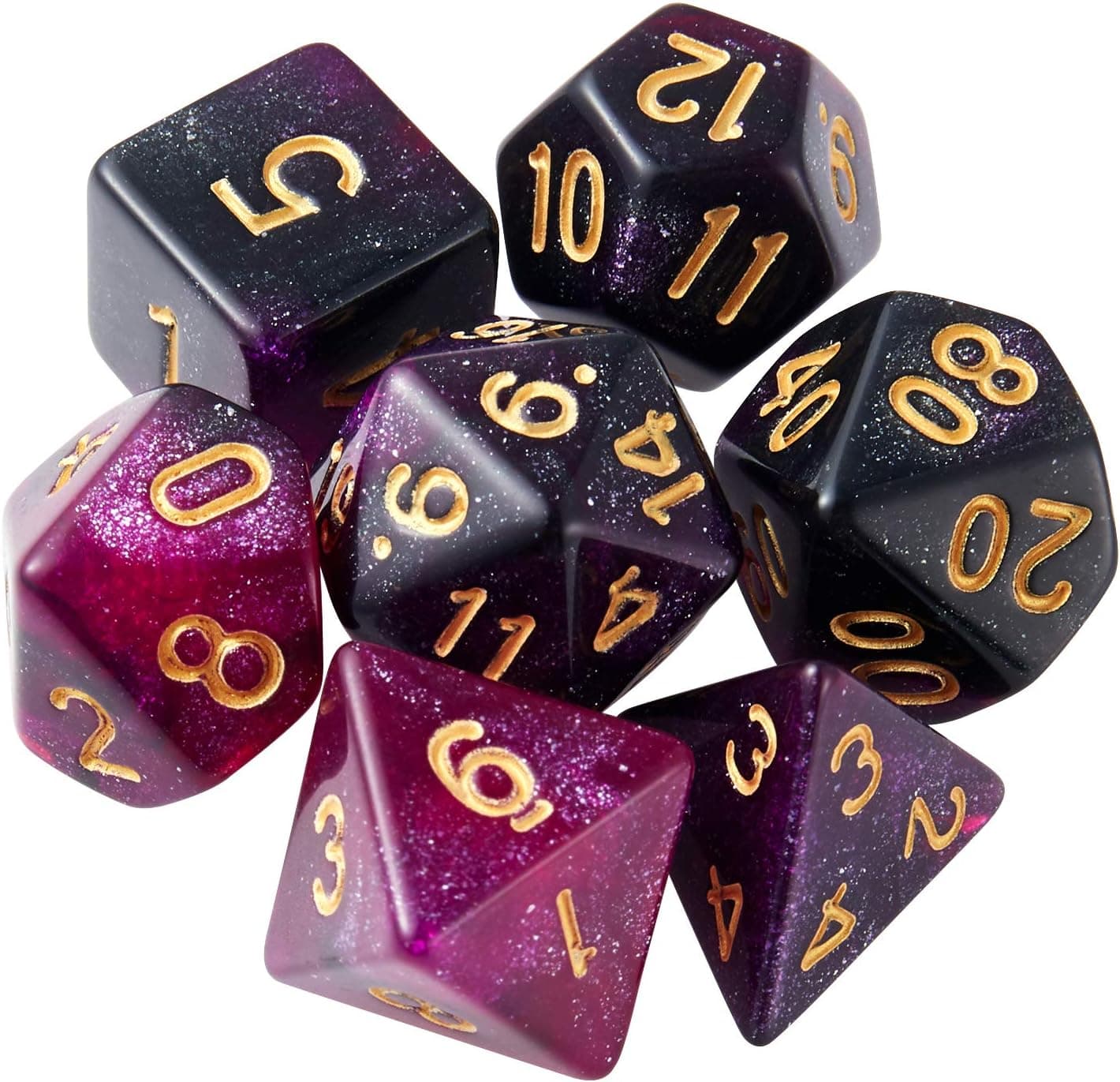 Huuancy DND Dice Set Glitter Polyhedral Dice D&D Dice with a Black Pouch for Dragons and Dungeons(Purple Black)