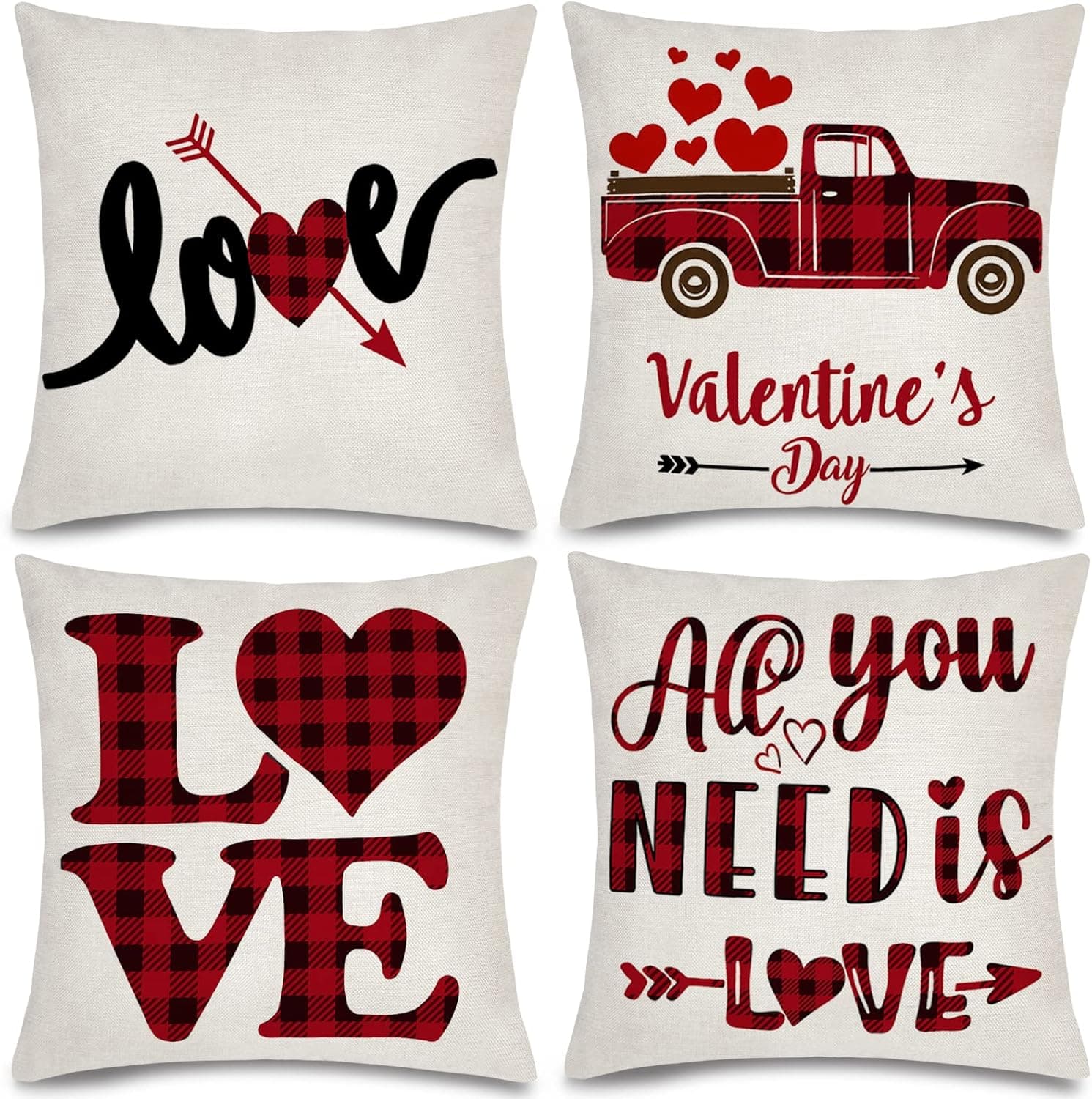 Ouddy Valentines Day Pillow Covers 18x18 Set of 4, Farmhouse Heart Decorative Throw Pillow Covers Cushion of Red & Black Check Love Truck, Buffalo Plaid Cotton Pillowcases for Valentines Day Decor