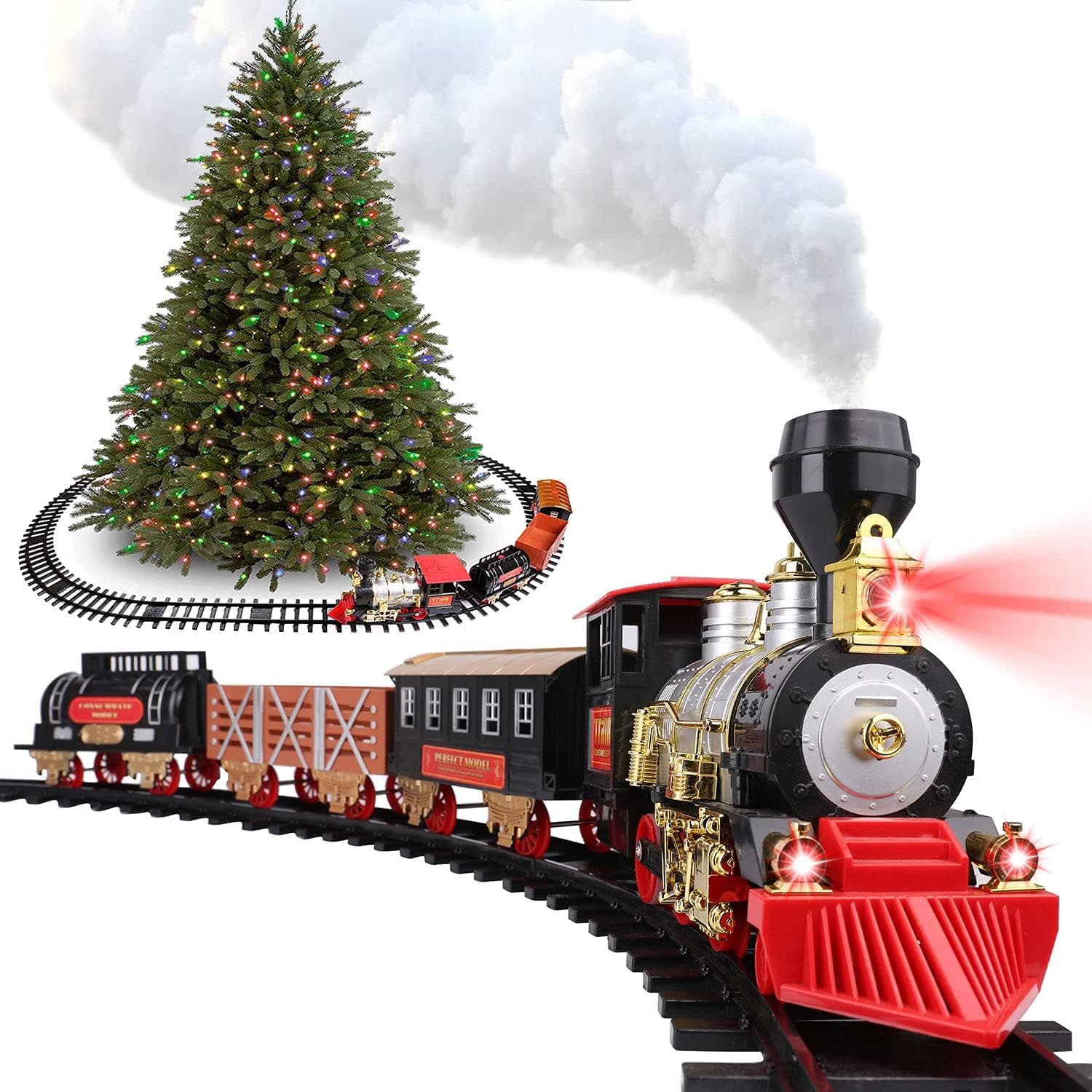 Classic Christmas Holiday Train Set with Real Smoke, Lights and Sounds, Locomotive Steam Engine, 3 Train Cars, Large Tracks, Christmas Spirit, for Christmas Decoration Gift