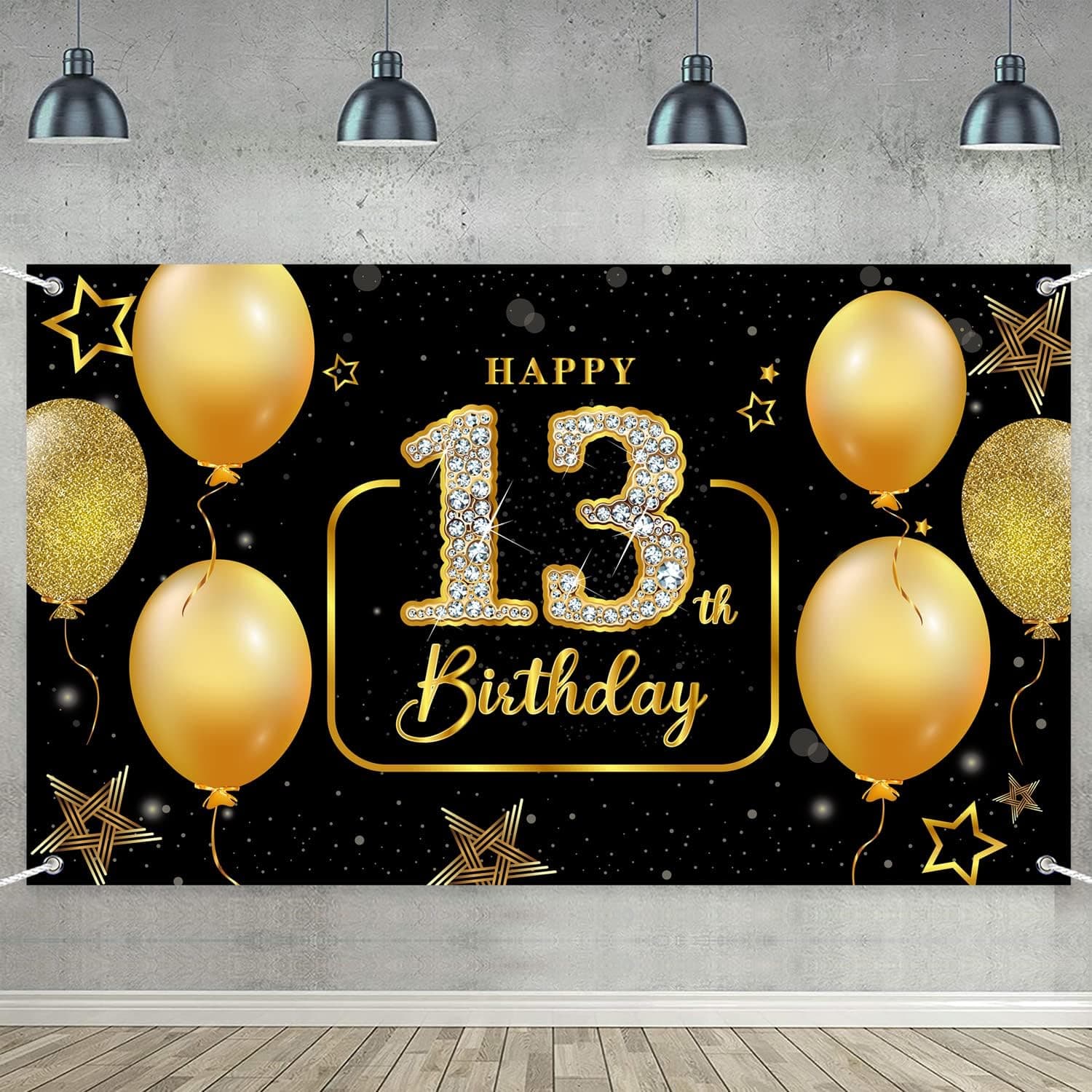 13th Birthday Backdrop Banner, 13th Birthday Decorations for Girls Boys, Black and Gold Happy 13th Birthday Photo Background Sign Booth Props,72.8 x 43.3 Inch