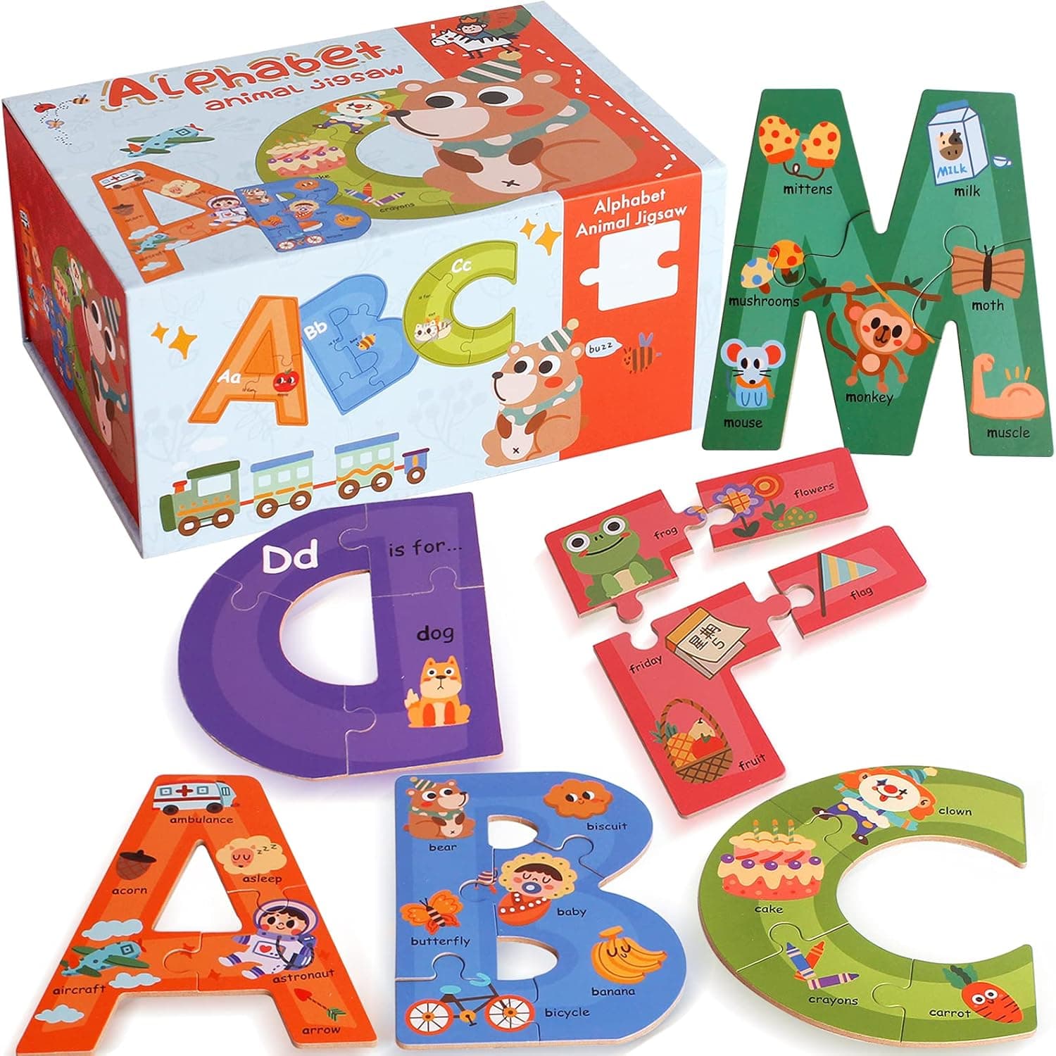 AMSWORD 85 PCs Colorful Animal Pattern Alphabet ABC Jigsaw Puzzle Jumbo Toys Color Shape Uppercase Letter Recognition Kit Sorting Montessori STEM Game Set for Toddlers Kids Boys and Girls