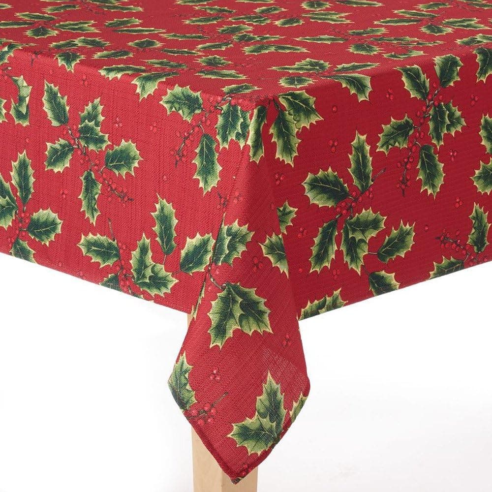 Red with Green Holly Fabric Holiday Tablecloth (70" Round)