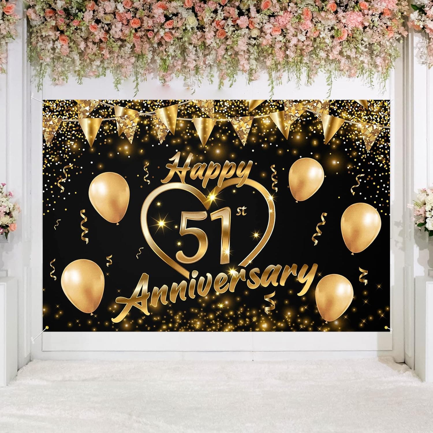 Happy 51st Anniversary Backdrop Banner Decor Black Gold – Glitter Love Heart Happy 51 Years Wedding Anniversary Party Theme Decorations for Women Men Supplies, 3.9 x 5.9 ft