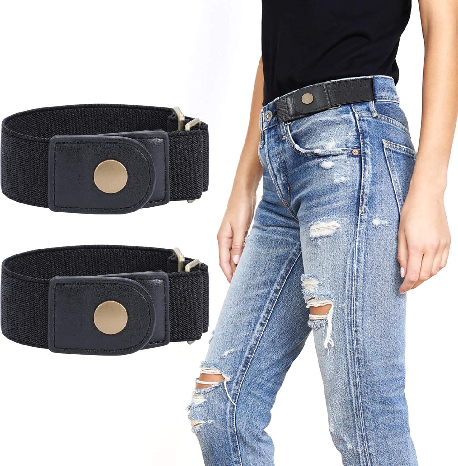 WERFORU 2 Pack No Buckle Elastic Belt for Women Men 2 Loop Stretch Buckle-Free Belt for Jeans Pants