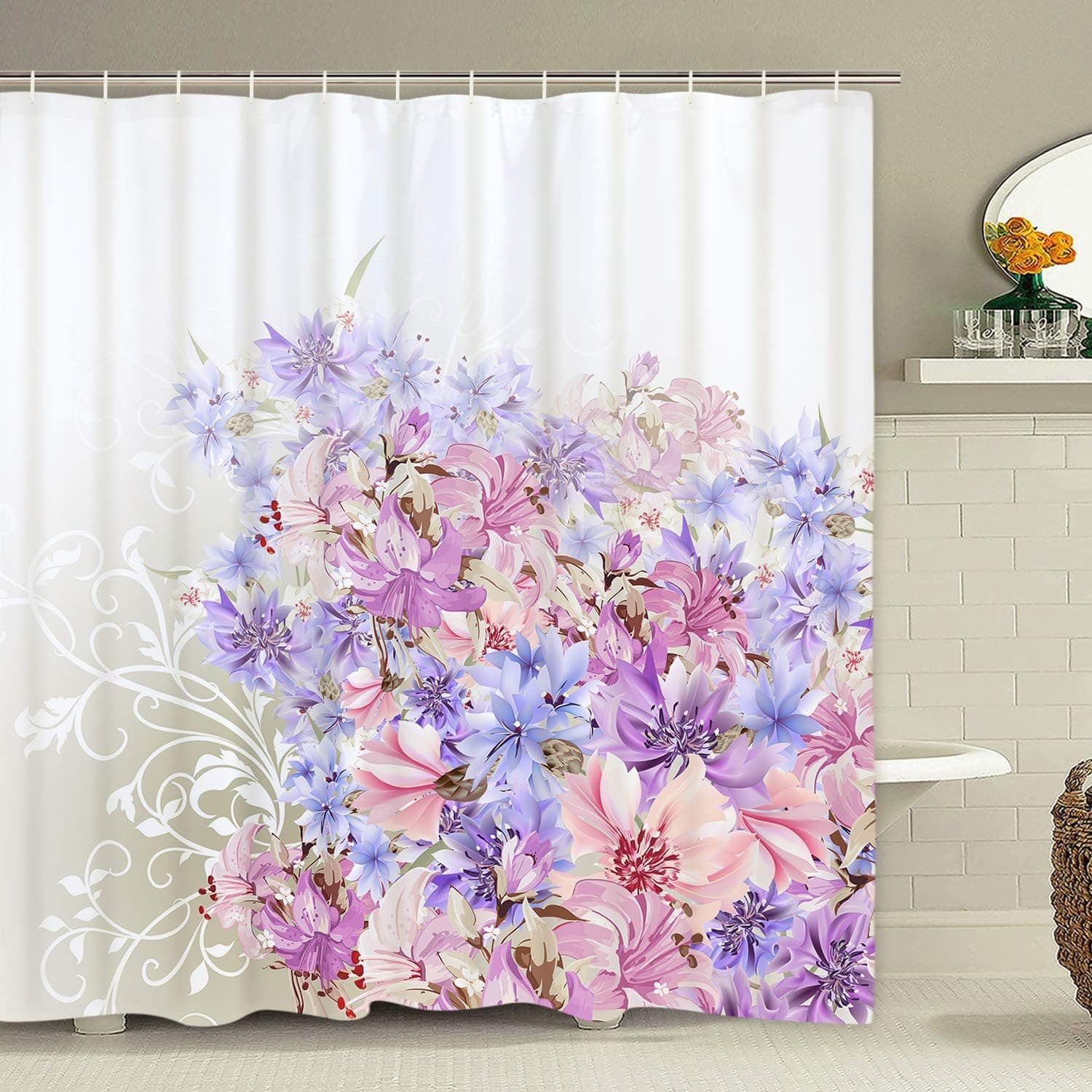 Colorful Flowers Shower Curtain with 12 Hooks Watercolor Pink and Purple Lily Flower Shower Curtain for Bathroom, Polyester Waterproof Fabric Shower Curtain