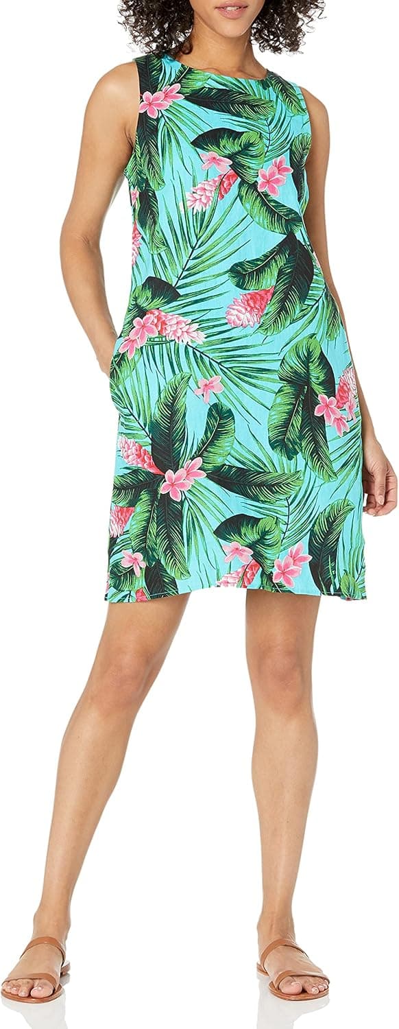28 Palms Women's 100% Linen Tropical Print Sleeveless Shift Dress with Pockets