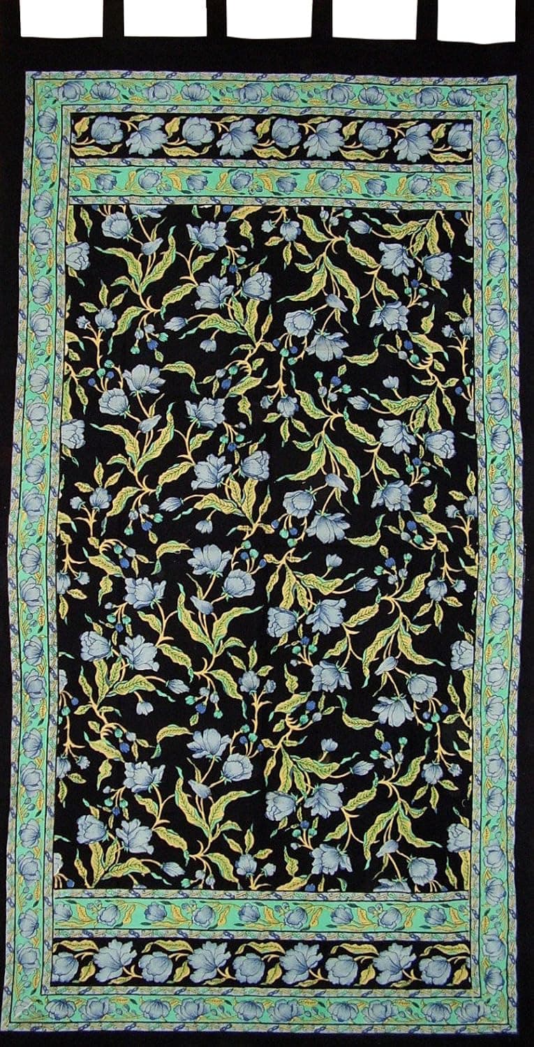 India Arts French Floral Tab Top Curtain Drape Panel Cotton 44" x 88" Blue Black