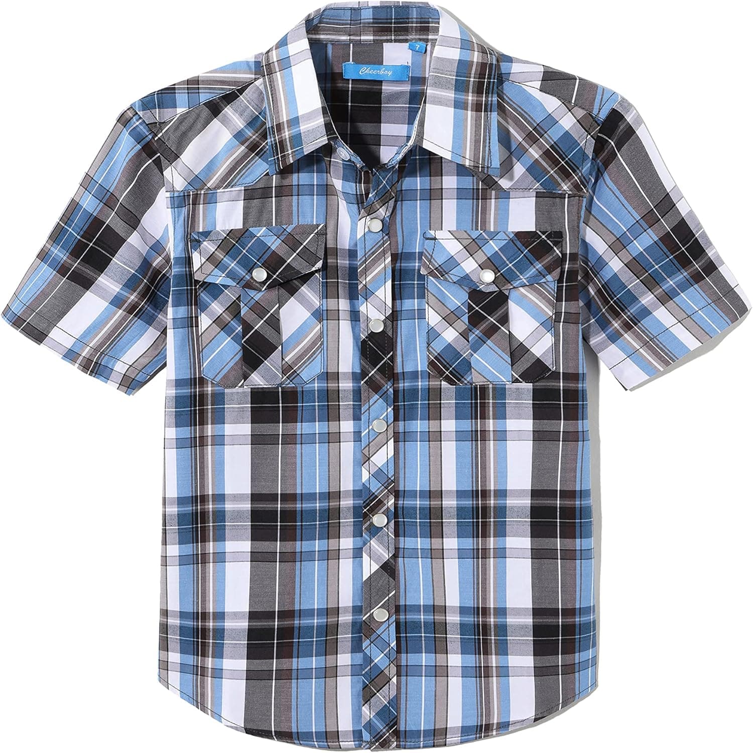 Boy's Toddler Kids Casual Short Sleeve Western Pearl Snap Button Up Plaid Shirt 4-16 Years