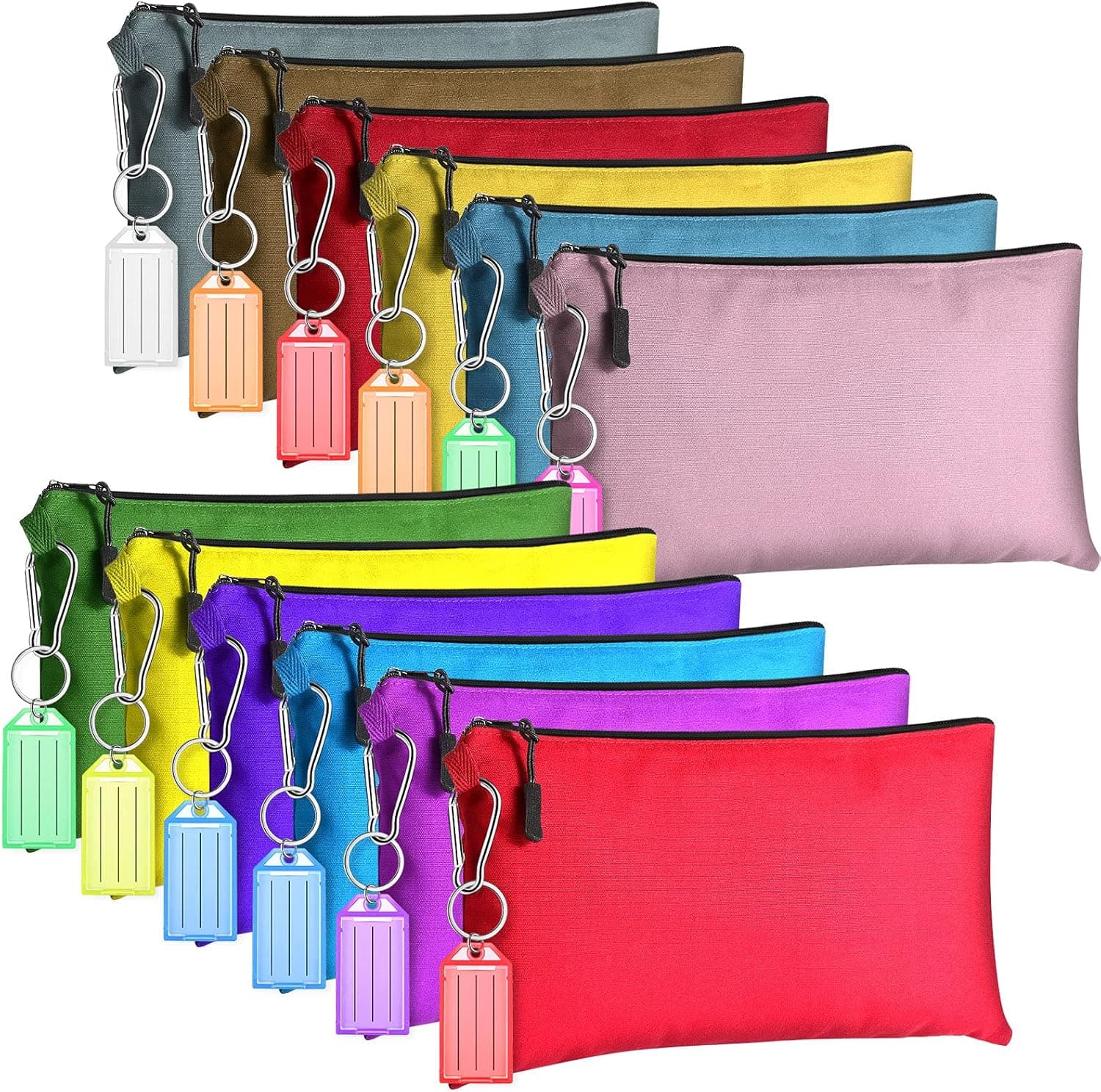 12 Pieces Zipper Pouch Tool Bag and 12 Pieces ID Keychain Tags Canvas Tool Bags Utility Tool Pouch with Clip Zippered Tool Pouch Set for Hardware Ironworker Woodworker Gardening Travel