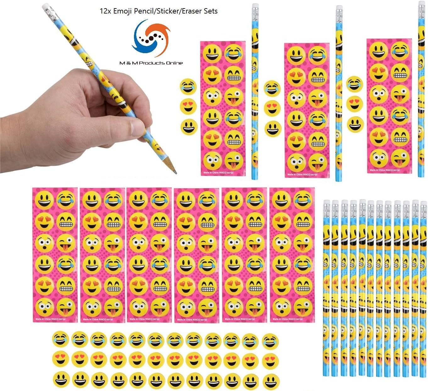 M & M Products Online 2 Dozen (24x) Emoji Pencil/Eraser/Sticker Set Party Favors