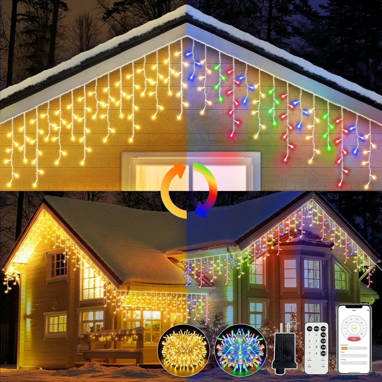 undreem 600 LED 49 FT Christmas Icicle Lights Outdoor,Warm White Multicolor Color Changing Fairy Curtain Smart String Lights with 8 Modes for Eaves Window Yard Indoor House