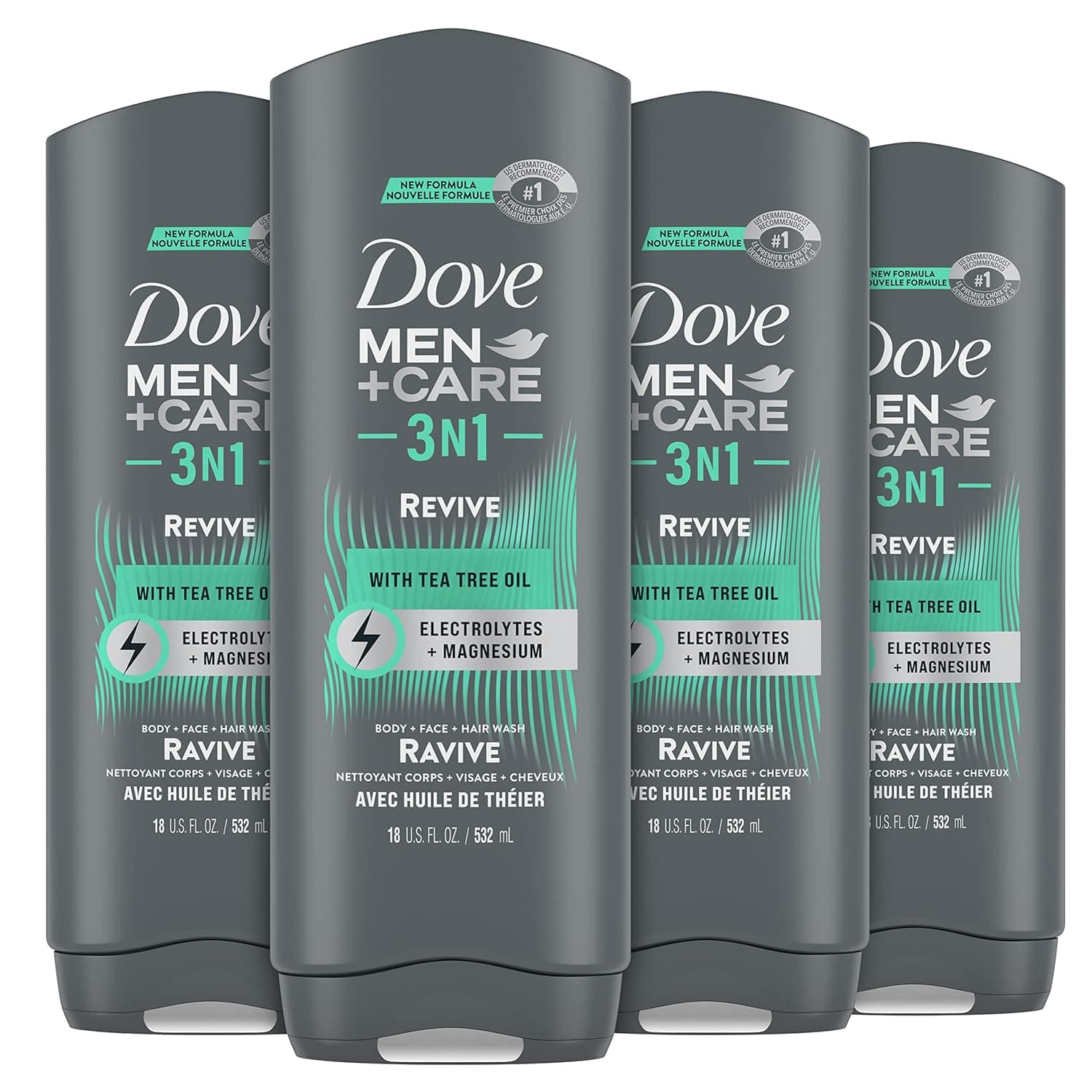 Dove Men+Care Post-Workout Body Wash 3N1 Revive 4 Count For Men With Tea Tree Oil, 18 oz