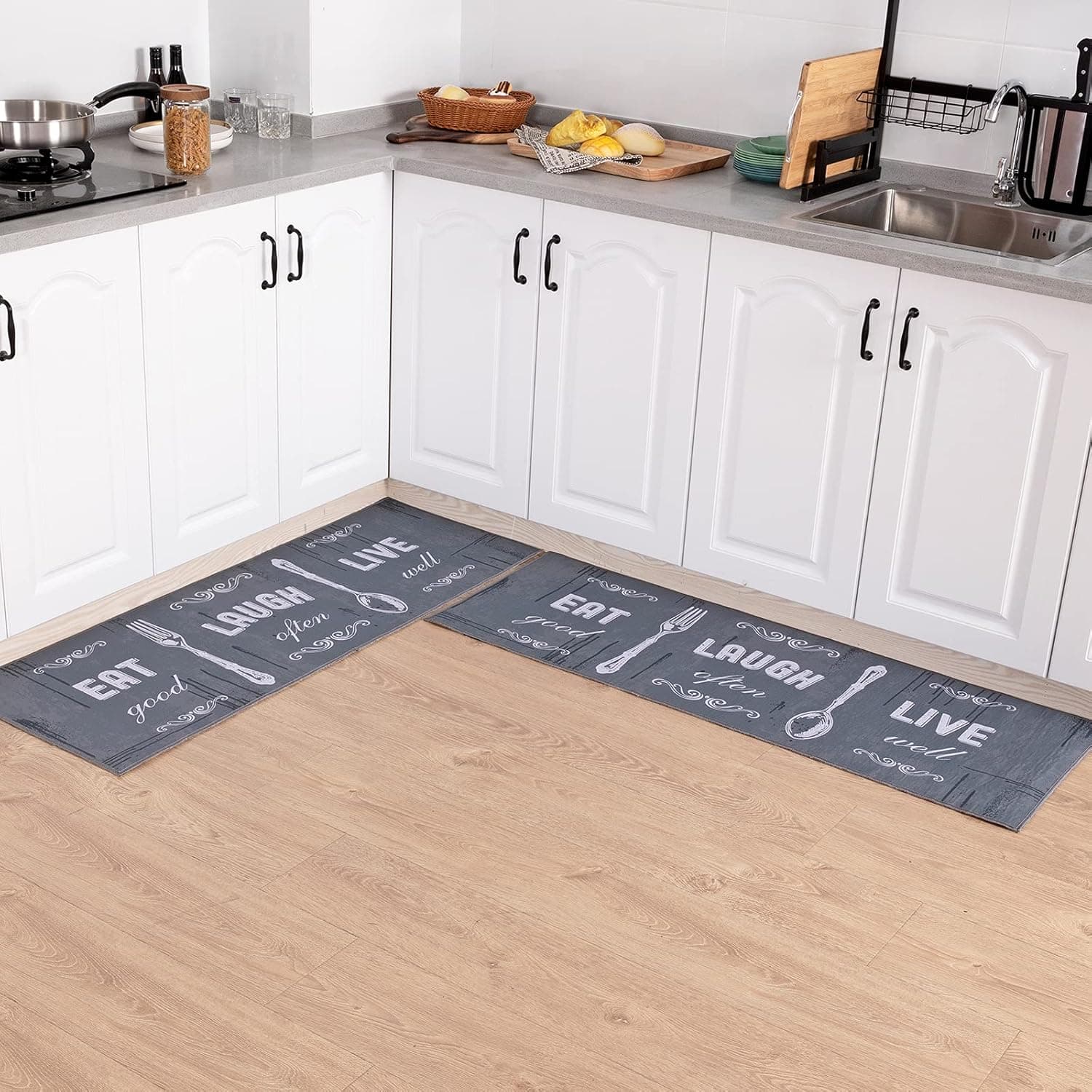 Carvapet 2 Piece Kitchen Rug Set Non-Slip Backing Mat Throw Rug for Kitchen Doormat Runner Rug Set, Motto Design, Grey (17"x48"+17"x48")