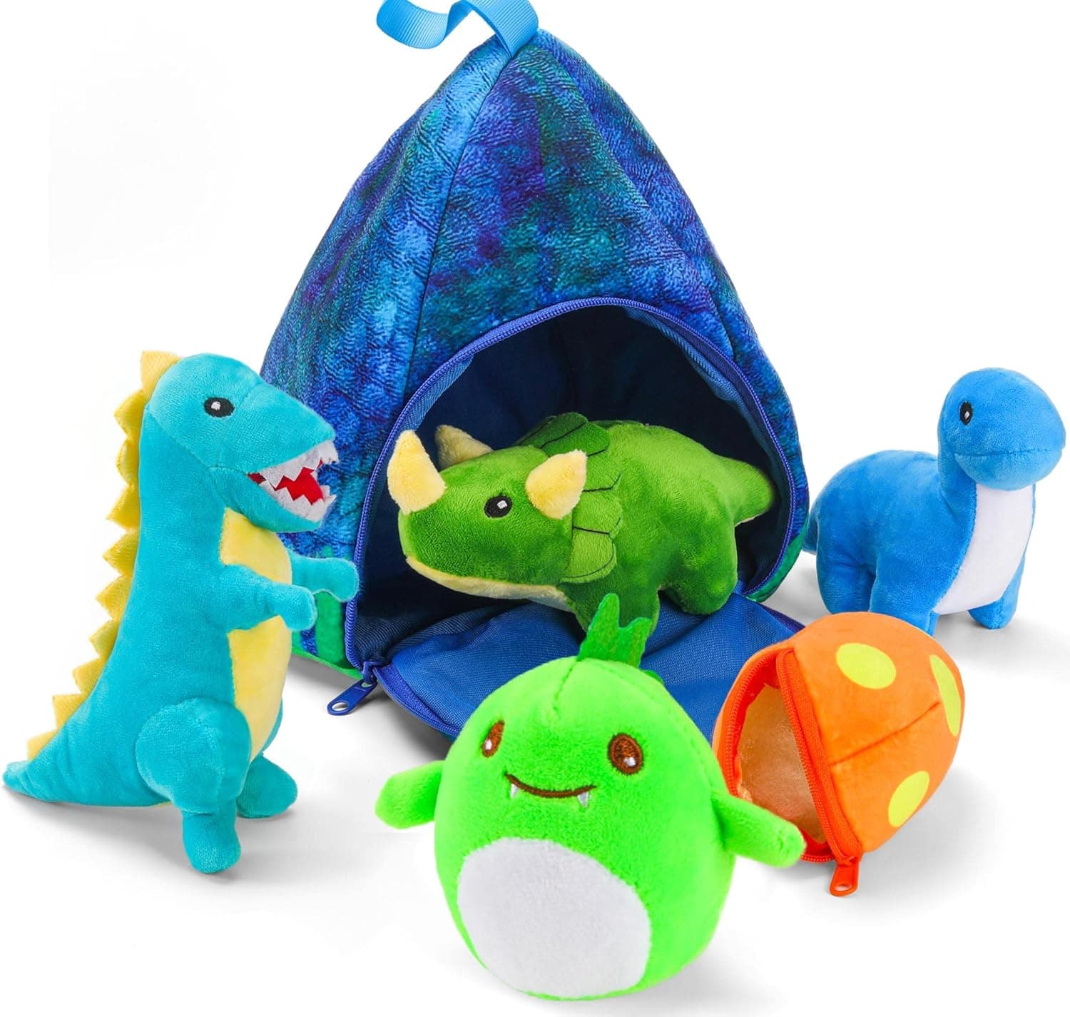 5Pack Dinosaur Stuffed Animals with Tie Dye House, Triceratops Dino Plsuh Egg Toys for Kids Girls Boys T-Rex Plushie Playset