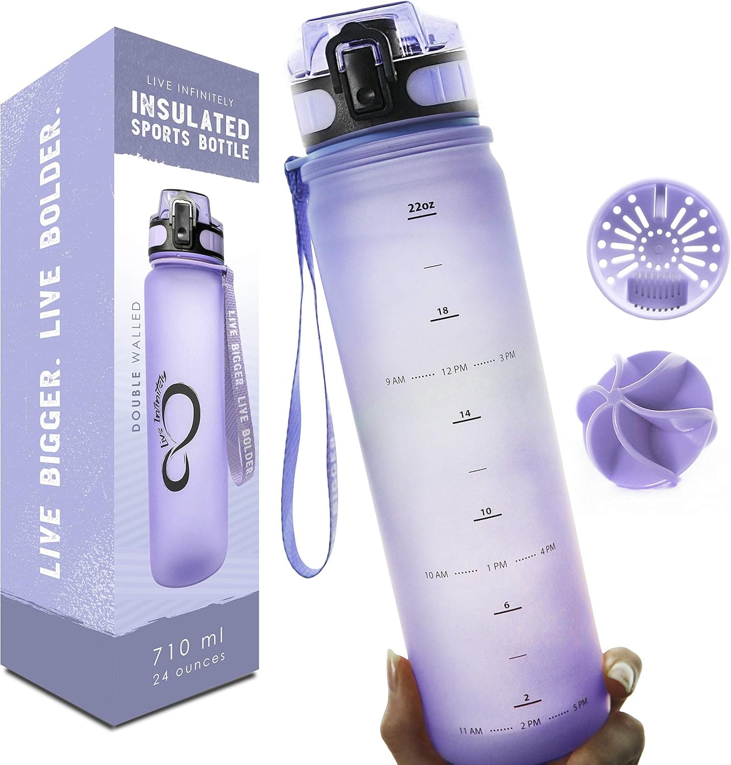 Live Infinitely 24 oz Water Bottle with Time Marker - Insulated Measured Water Tracker Screen - BPA Free Gym Water Bottle - Locking Flip Top Lid, Rubberized (Lilac 24oz)