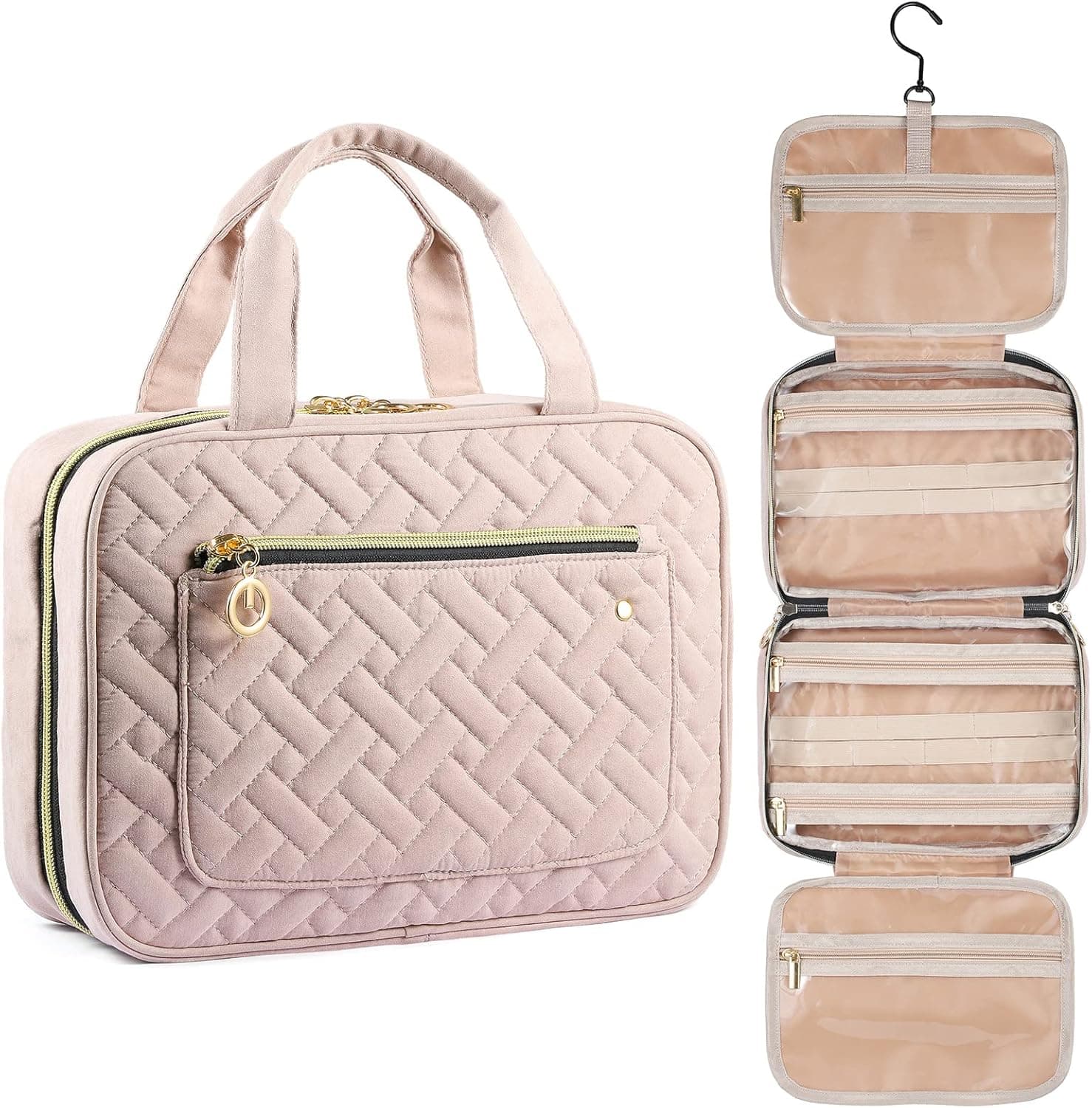 CARM AXKO Toiletry Bag for Traveling, Travel Makeup Organizer with Hanging Hook, Women's Portable Cosmetic Holder Makeup Bag for Full Sized Toiletries and Accessories(Pink Champagne)