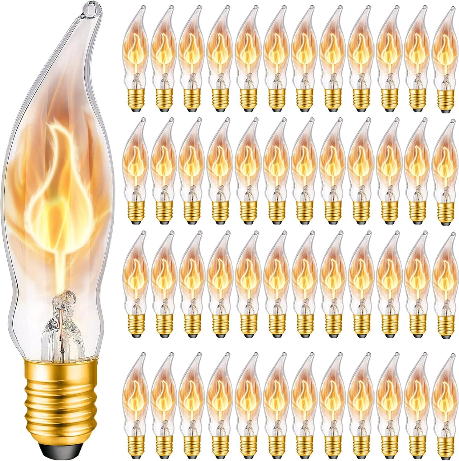 Flicker Flame Light Bulb 3 Watt 120 Volt Flame Tip Halloween Chandelier Flickering Light Bulbs Christmas Replacement Orange Glow Bulbs Crystal Clear Candle Bulb for E12 Candelabra Base (48 Pieces)