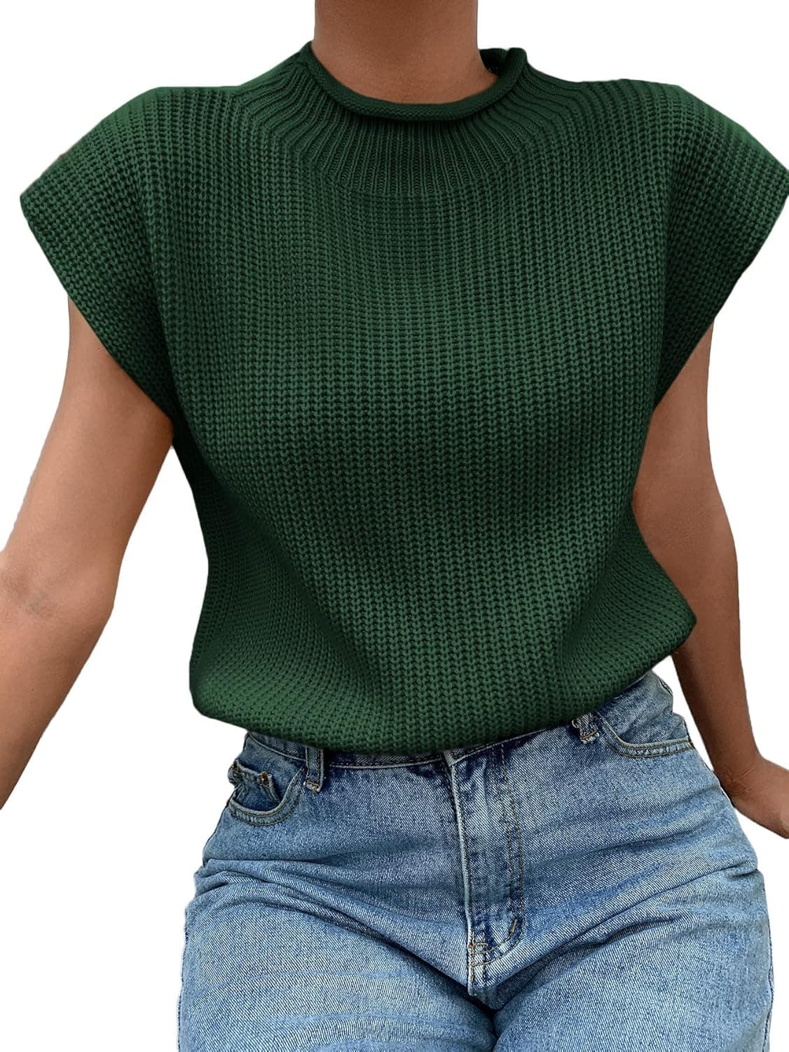 SheIn Women's Mock Neck Short Cap Sleeve Sweater Vest Casual Solid Pullover Top