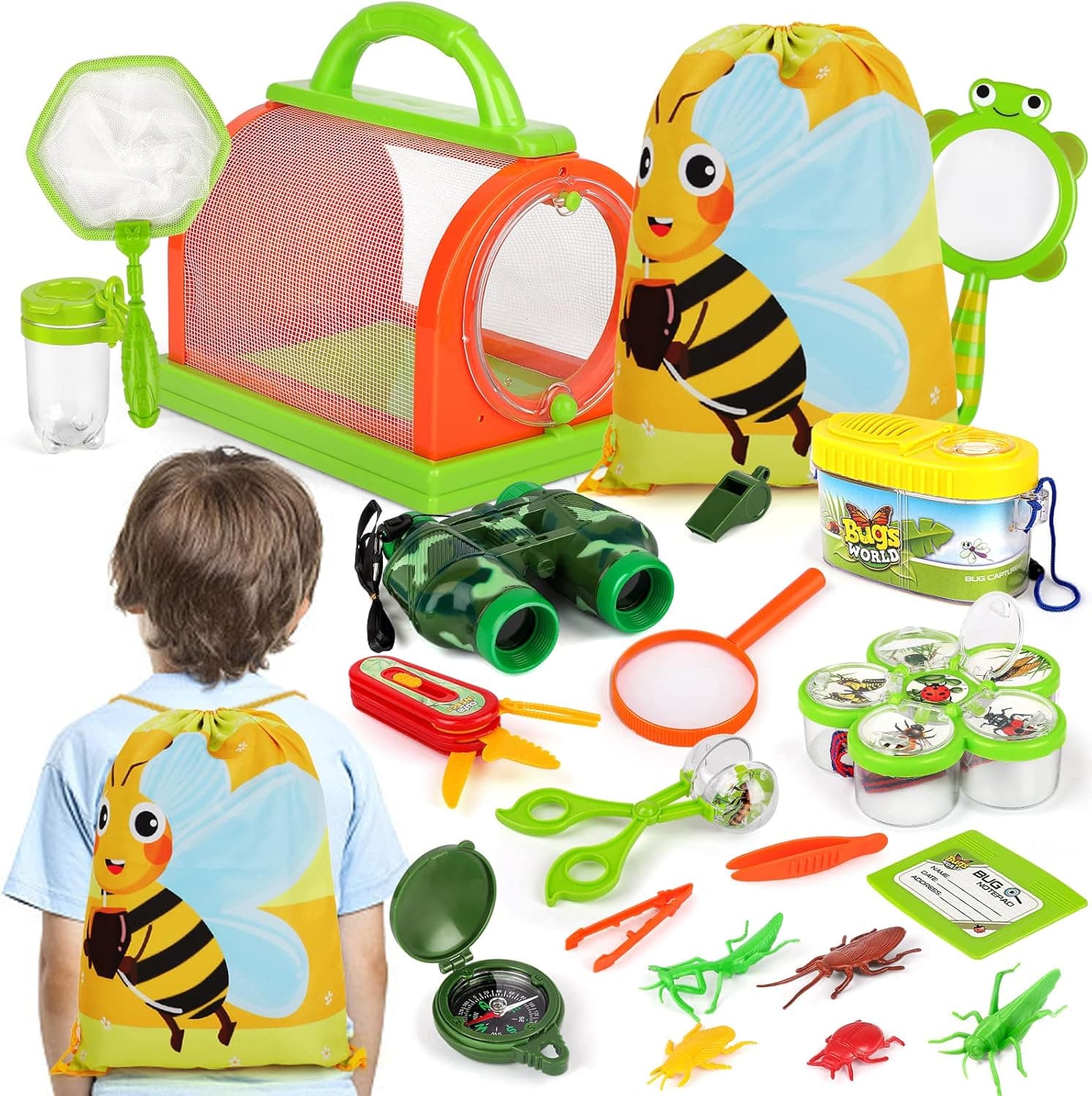 kramow Bug Catcher Kit, Outdoor Explorer Kit with Binoculars, Butterfly Net , Magnifying Glass,Insect Box and Compass Great Toys Kids Gift for Boys & Girls Age 3-12 Year Old Camping Hiking