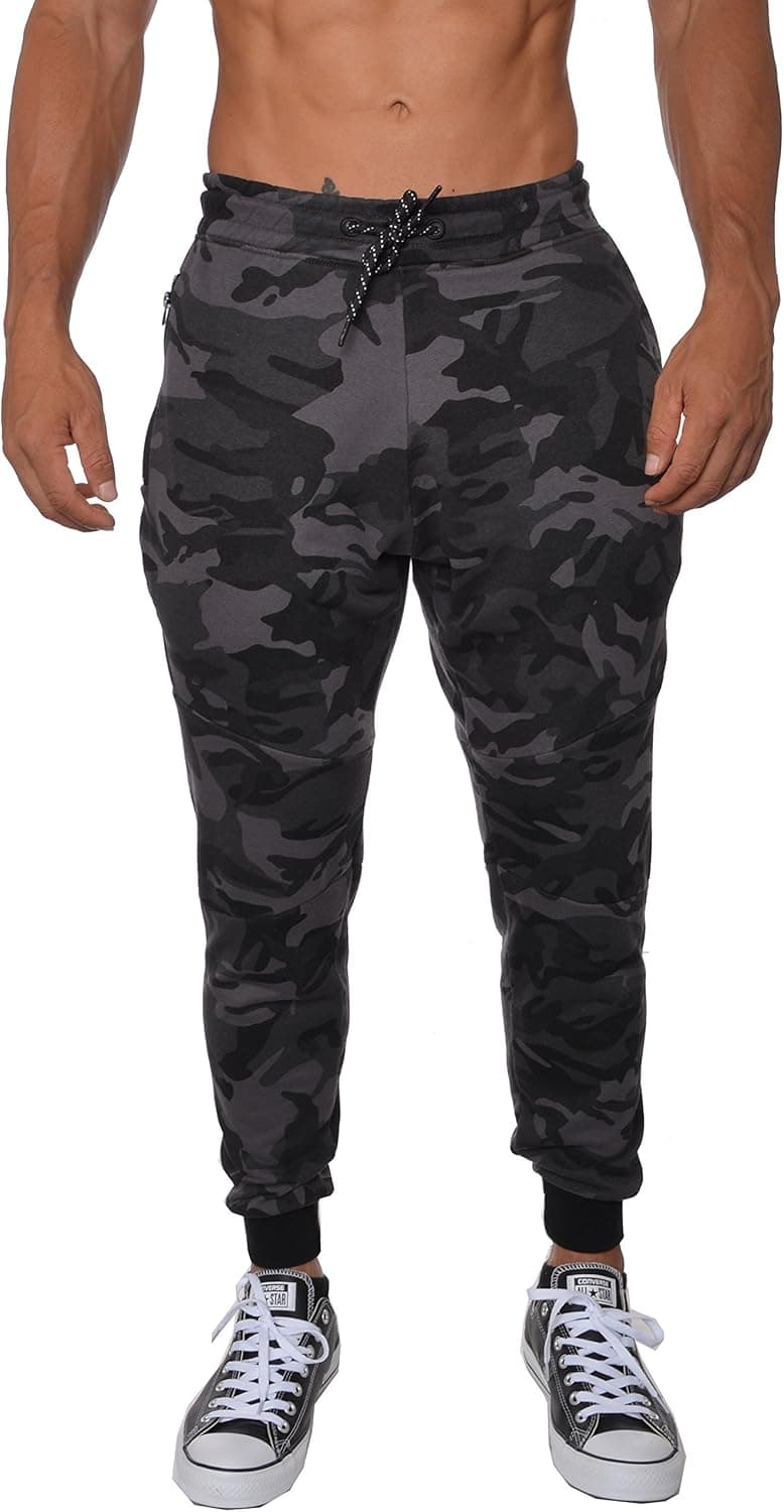 YoungLA Men's Cotton Camouflage Joggers Sweatpants for Gym Athletic Training Pants Workout - Camo Black - Medium