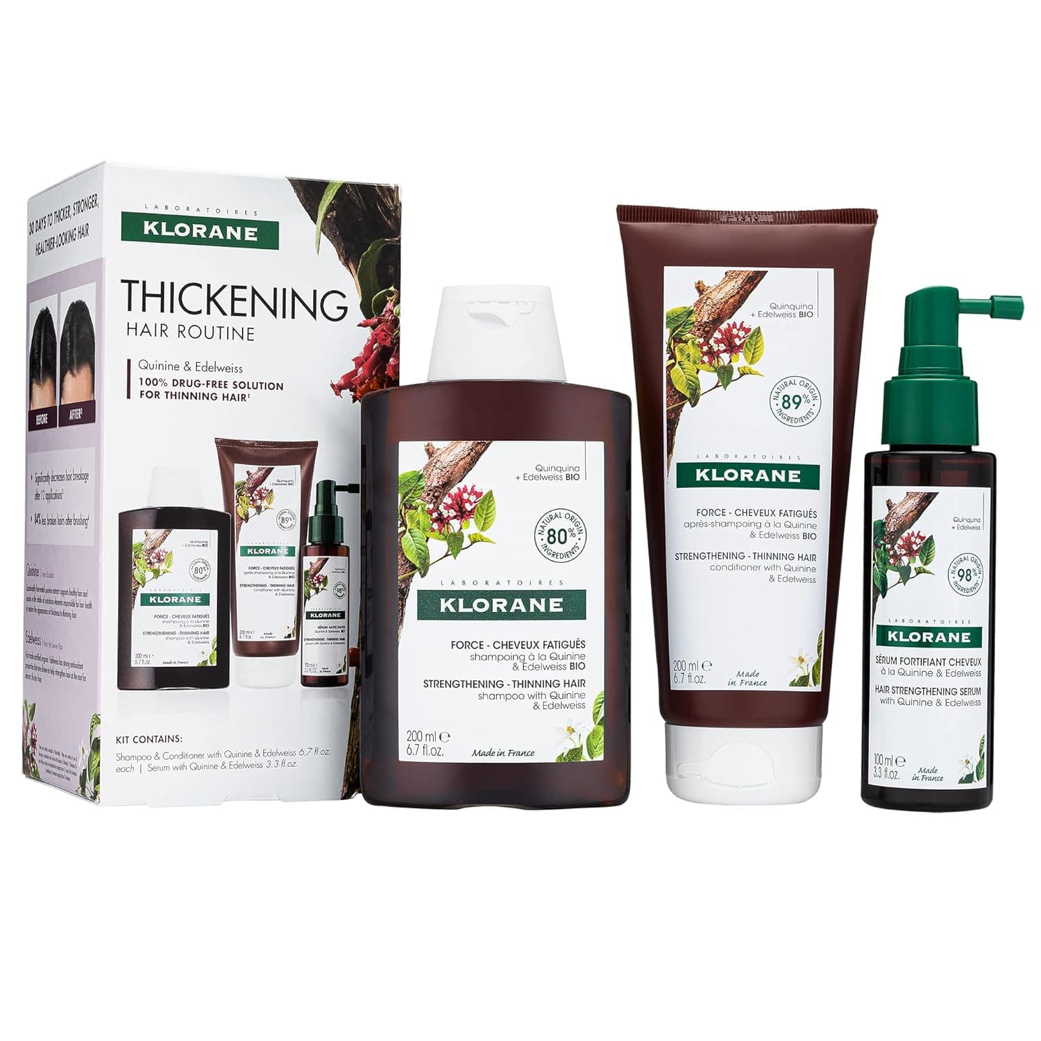 Klorane Hair Thickening Routine with Quinine and Edelweiss for thinning hair. Get thicker, stronger, healthier looking hair, Sulfate & Paraben-free
