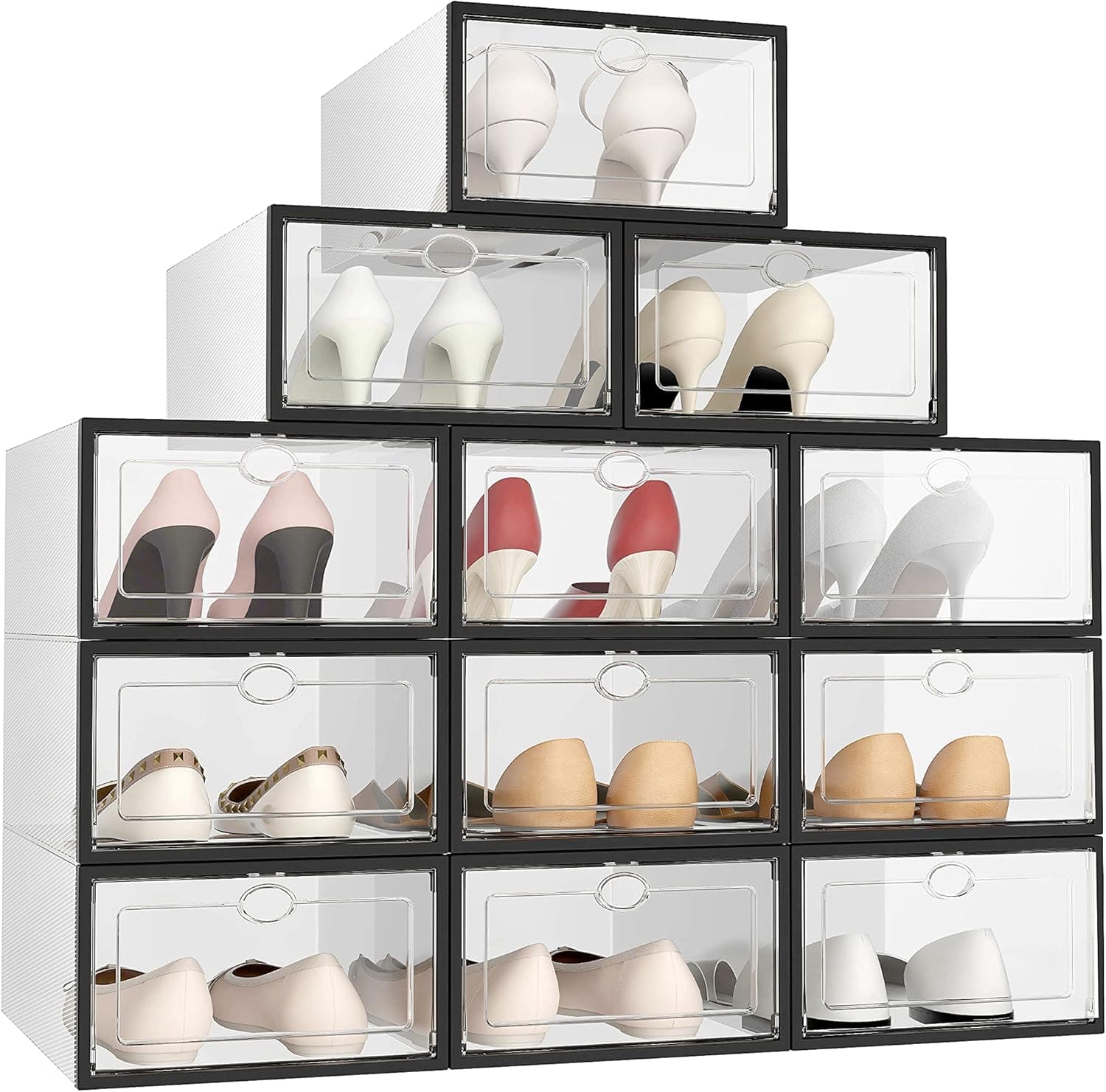 Amassage 12 Pack Shoes Boxes Clear Plastic Stackable Shoe Storage Boxes Space Saving Shoe Organizer for Closet Shoe Containers Shoe Bins(Black)
