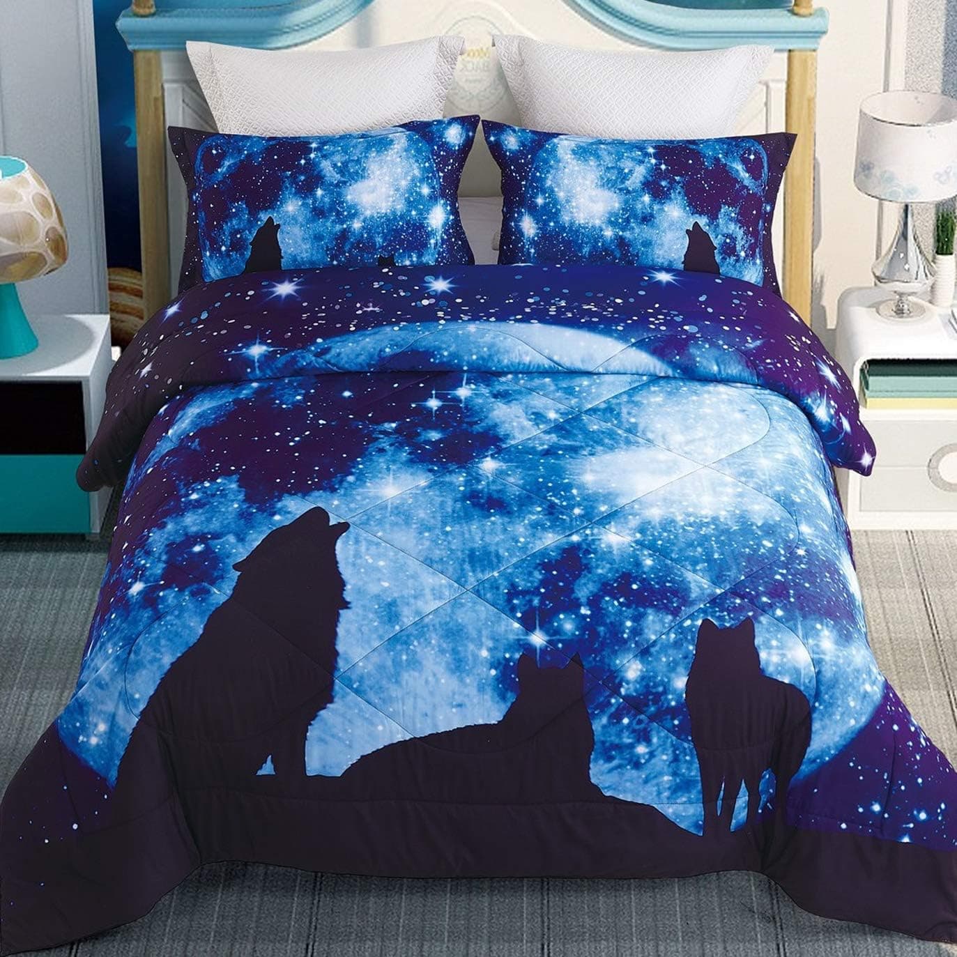 DECMAY 3D Galaxy Wolf Bedding Twin Wolf Blue Moonlight 3 Pieces with 1 Comforter and 2 Pillow Cases Box Stitched Durable Quilt Set for Children and Adults,Twin Size