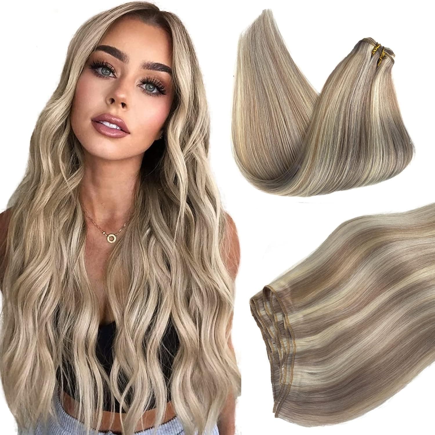 Sew in Hair Extensions Real Human Hair, BESFOR Colored Blonde Hair Extensions 18 Inch Sew in Hair Weft Extensions Silky Straight Highlighted Blonde Sew in Hair Bundles Real Human Hair Weaves 100 Grams