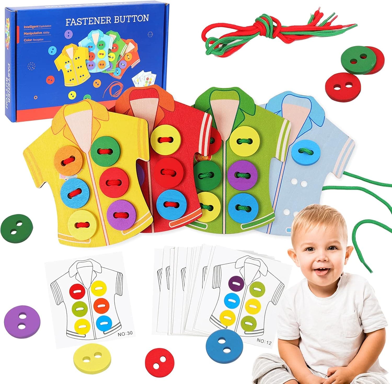 AISHUN Wooden Clothes Lacing Toys Toddler Montessori Toy Fine Motor Skill Threading Toy Sewing Button Lacing Card Preschool Activities Early Development Educational Toy for Kids Age 3 4 5 Years