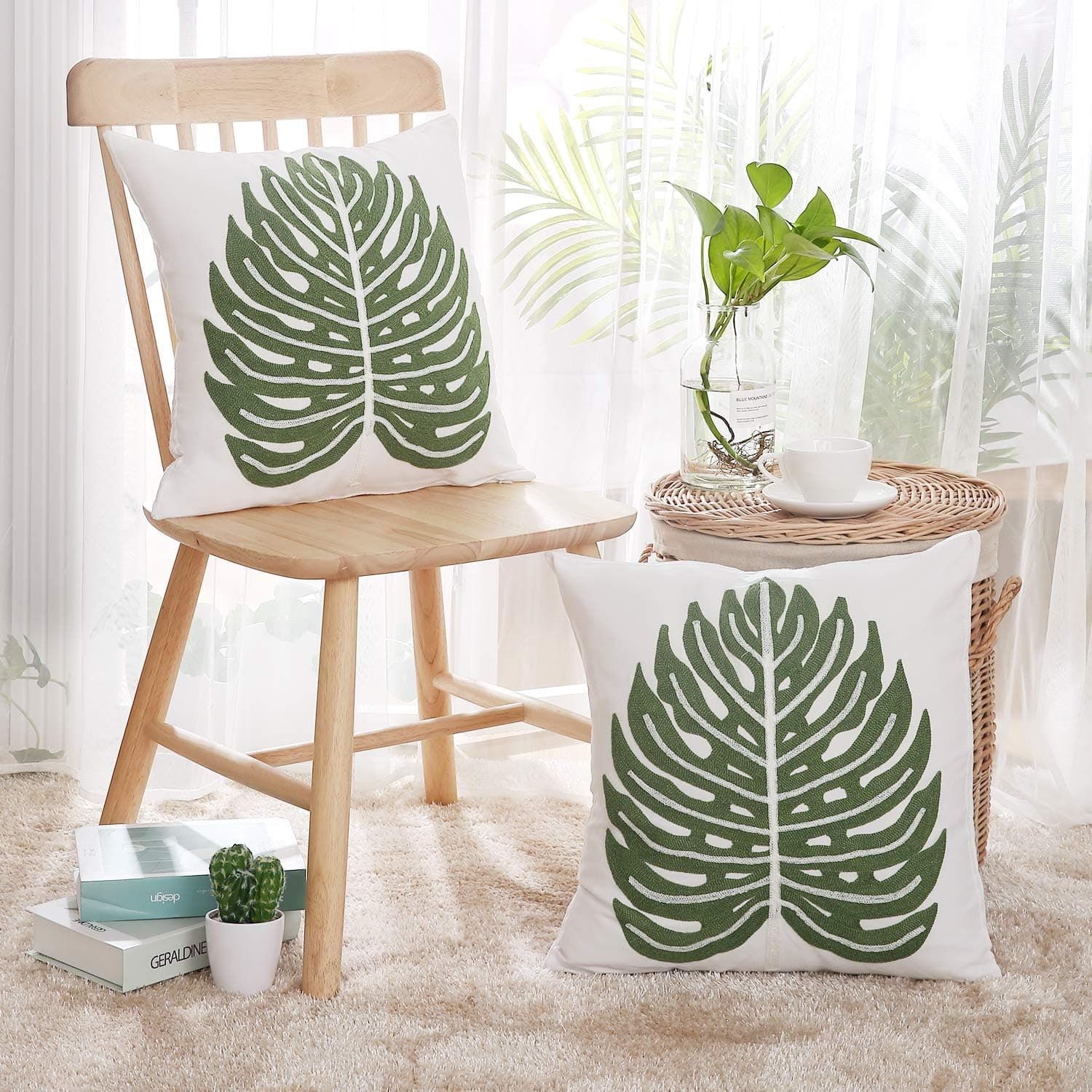 Deconovo Household Pillow Case Monstera Leaf Embroidered Invisible Zipper Handmade Canvas Sofa Cushion Covers 18x18 Inch Green and White Set of 2