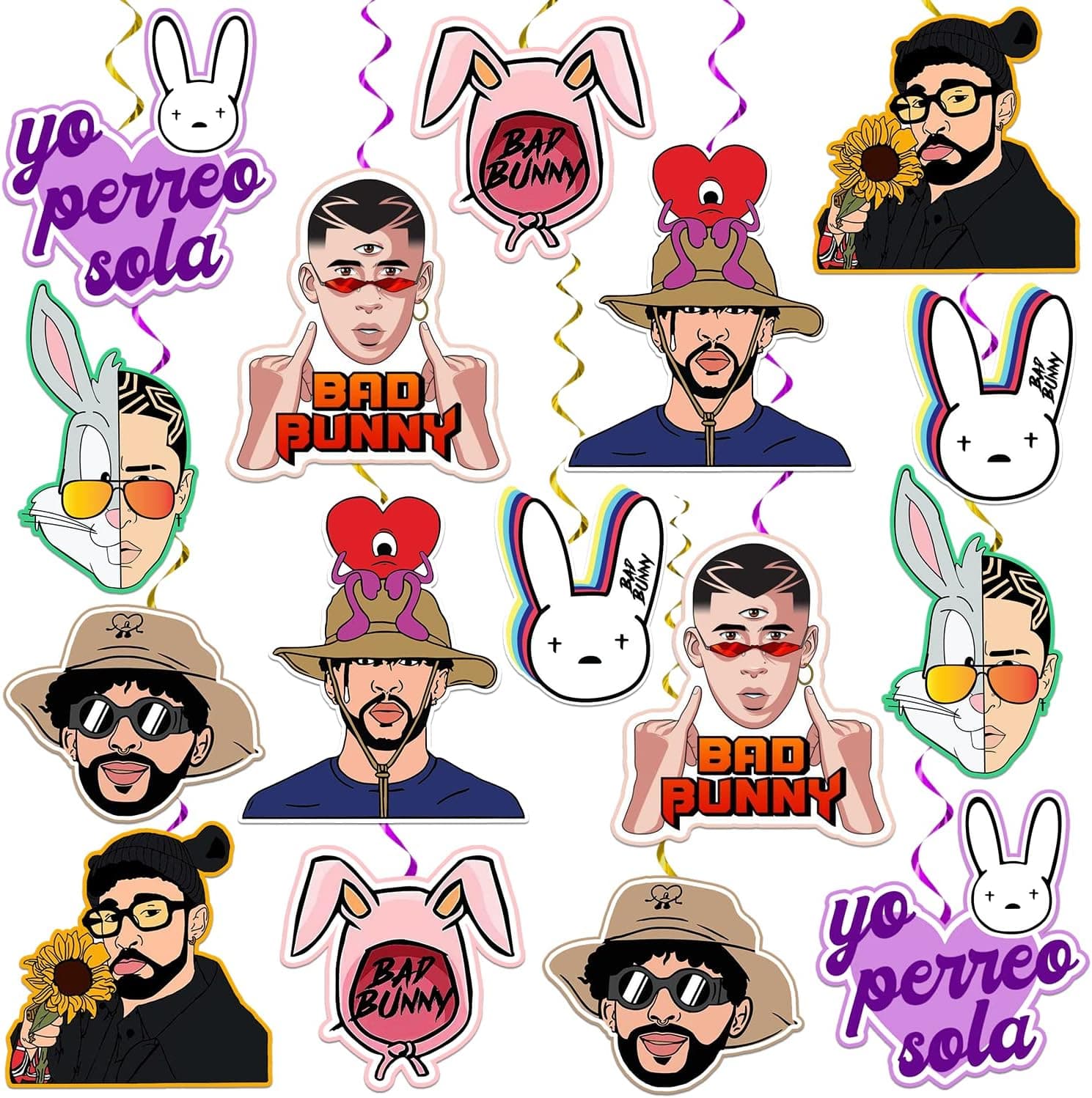 32Pcs Bad Bunny Party Decorations Hanging Swirls, Bad Bunny Decorations Whirls Glitter Foil Ceiling Swirls Streams Decorations, Bad Bunny Decor Foil Hanging for Bad Bunny Birthday Decorations
