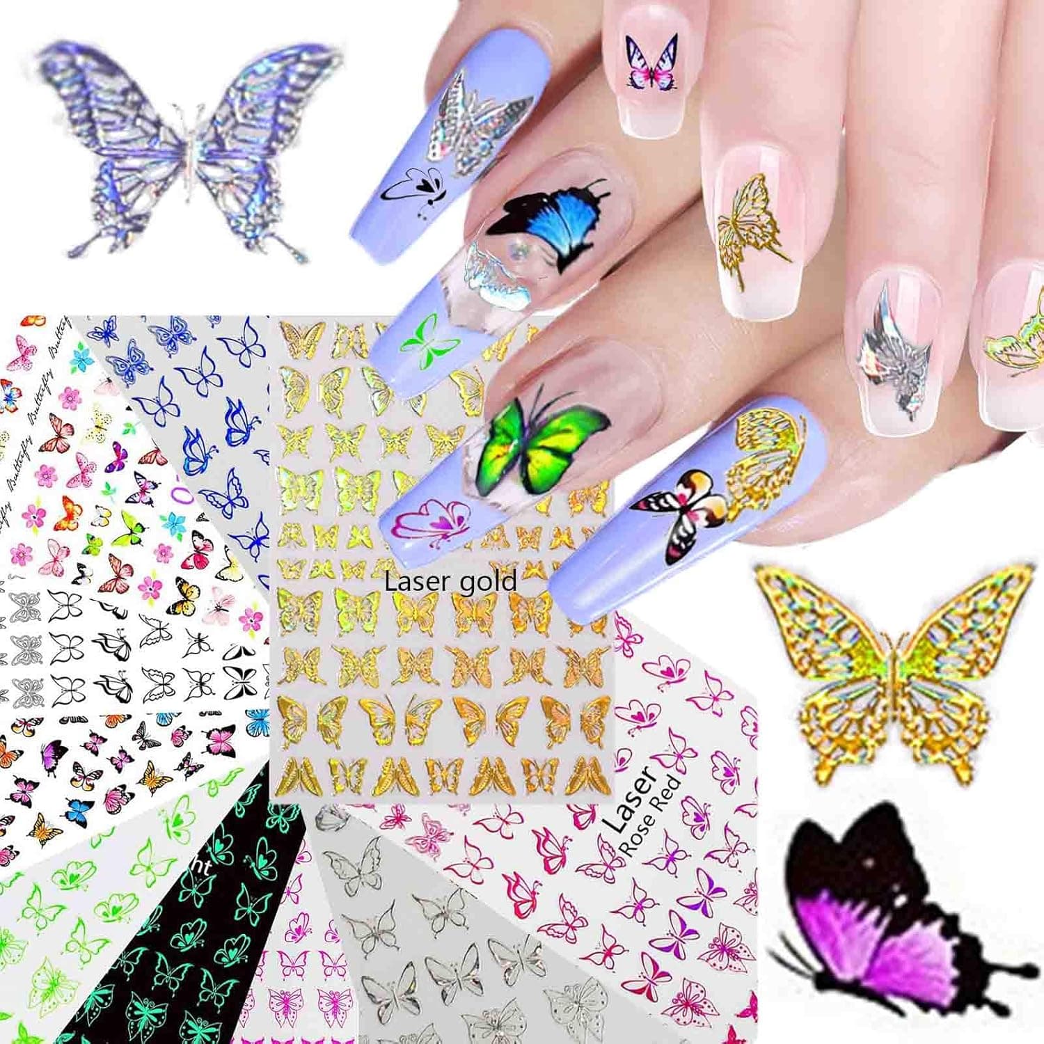 MIZAEINV 720+pcs Butterfly Nail Stickers Decals, Laser 3D Art Butterflies for Acrylic Self Adhesive Decals for Nails Holographic Nail Art Set Manicure Tips Decor Accessories Sticker (12 Sheets)