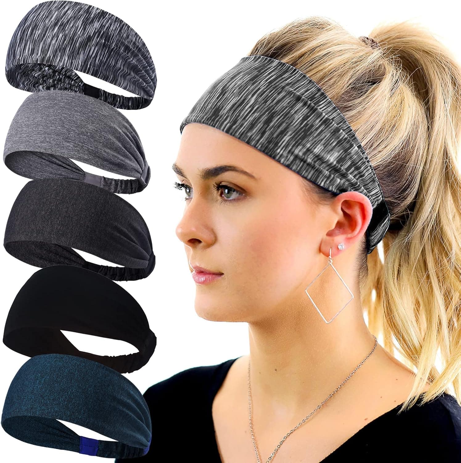 5 Pack Sport Headbands for Women Workout Sweat Bands Athletic Yoga Hairbands Elastic Non Slip Moisture Wicking Hair Bands for Running Fitness Exercise