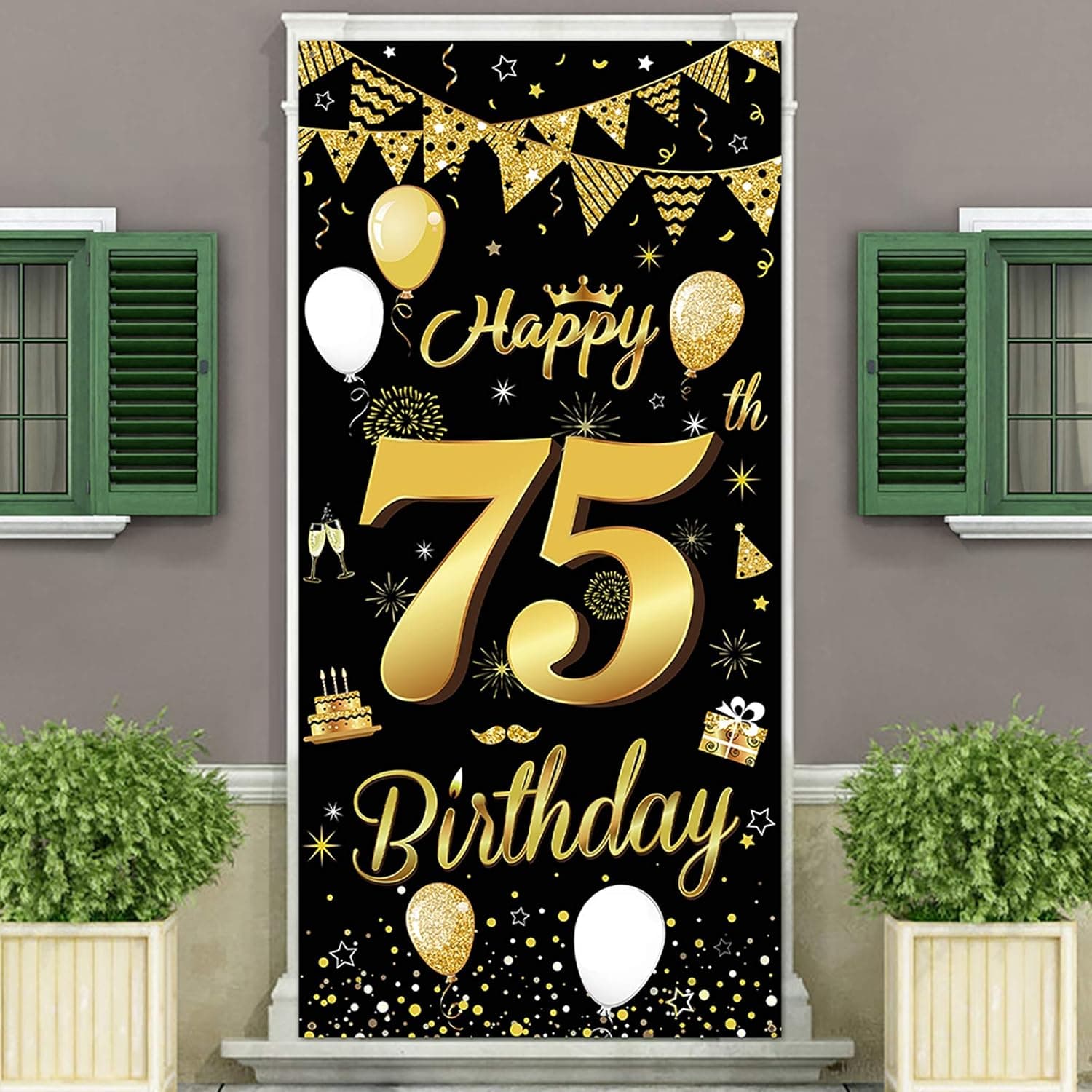 DUAIAI Happy 75th Birthday Party Decorative Door Cover Banner,Large Fabric Black and Gold Glitter Sign Birthday Photo Booth Backdrop Background Banner for 75 Birthday Party Decorations and Supplies