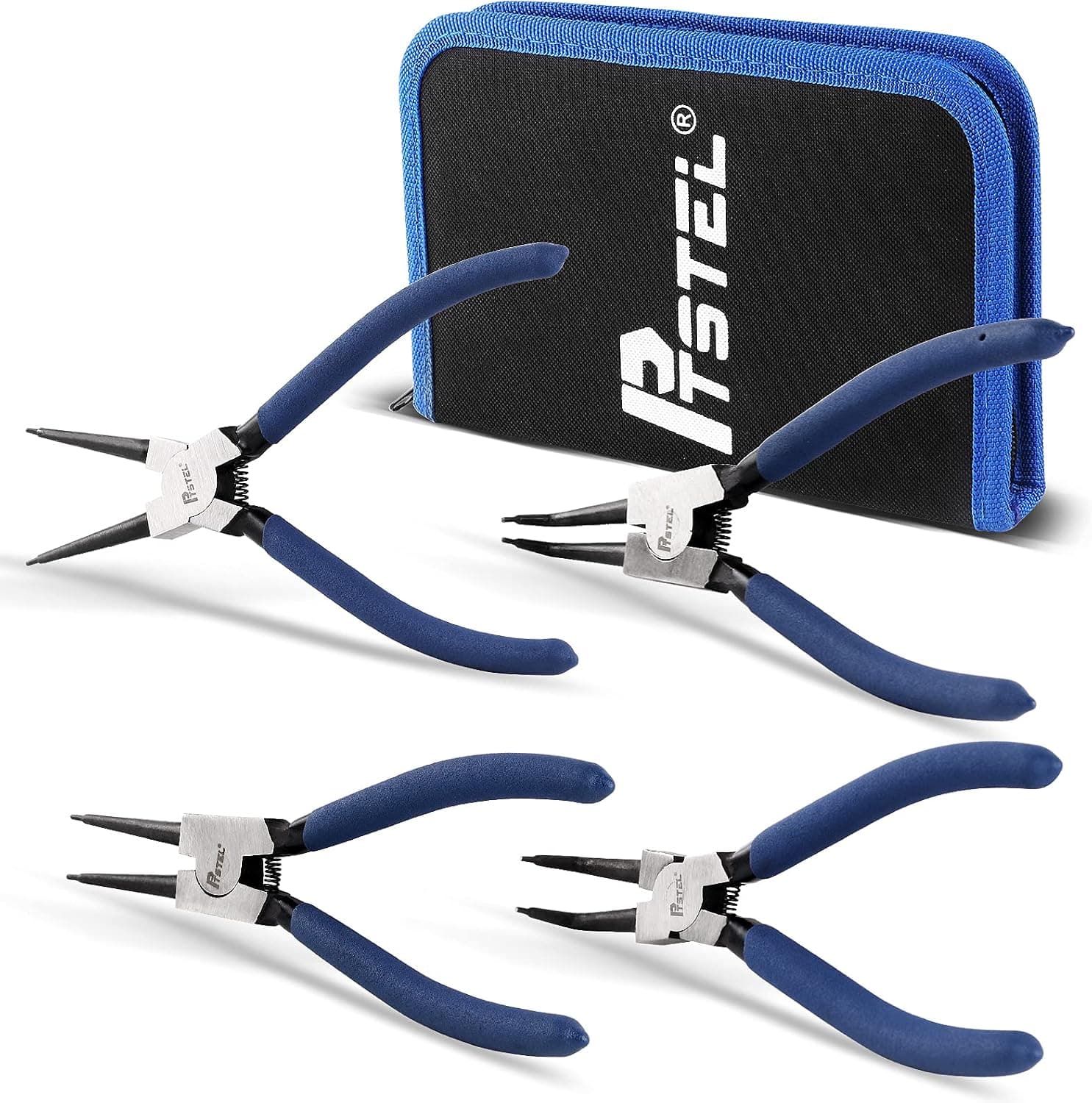 PTSTEL 4 Piece 7-Inch Internal/External Snap Ring Pliers Set Circlip Pliers Kit with Straight/Bent Jaw for Ring Remover Retaining with Portable Storage Bag