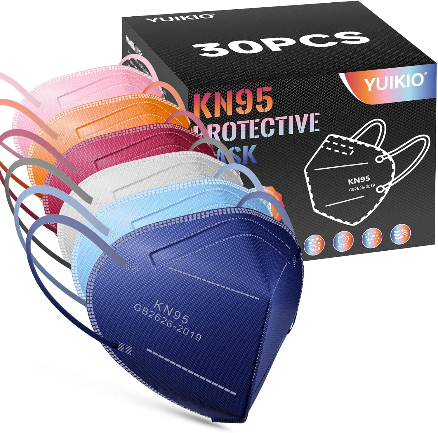 YUIKIO KN95 Face Masks, 30 Pack Individually Wrapped 5-Plyer Breathable Face Masks for Aadults, Filter Efficiency≥95%