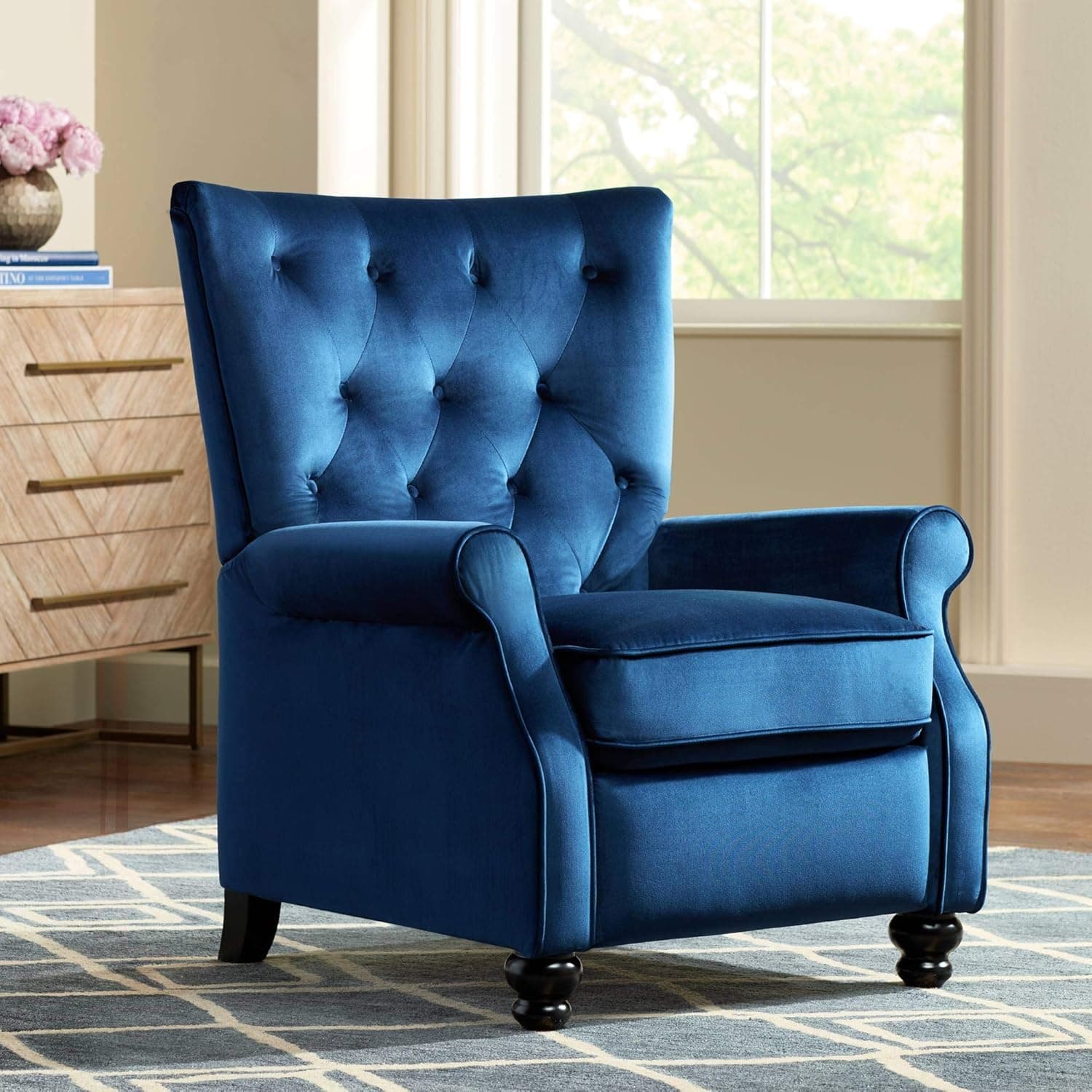 Studio 55D Bryce Rich Blue Recliner Chair Armchair Comfortable Push Manual Reclining Footrest Adjustable Upholstered Tufted Back for Bedroom Living Room Reading Home Relax Office