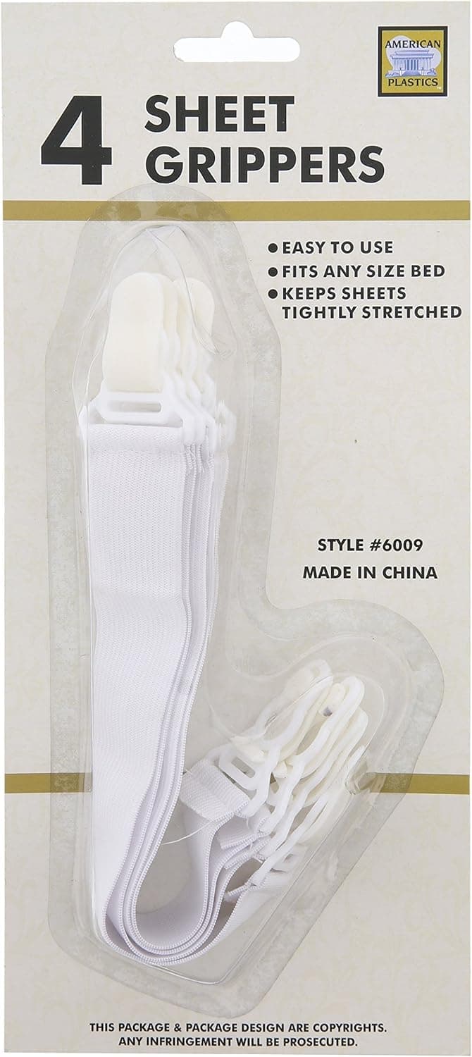 Plastic Sheet Gripper - Heavy Duty Bed Sheet Fasteners Suspenders - White, Set of 4