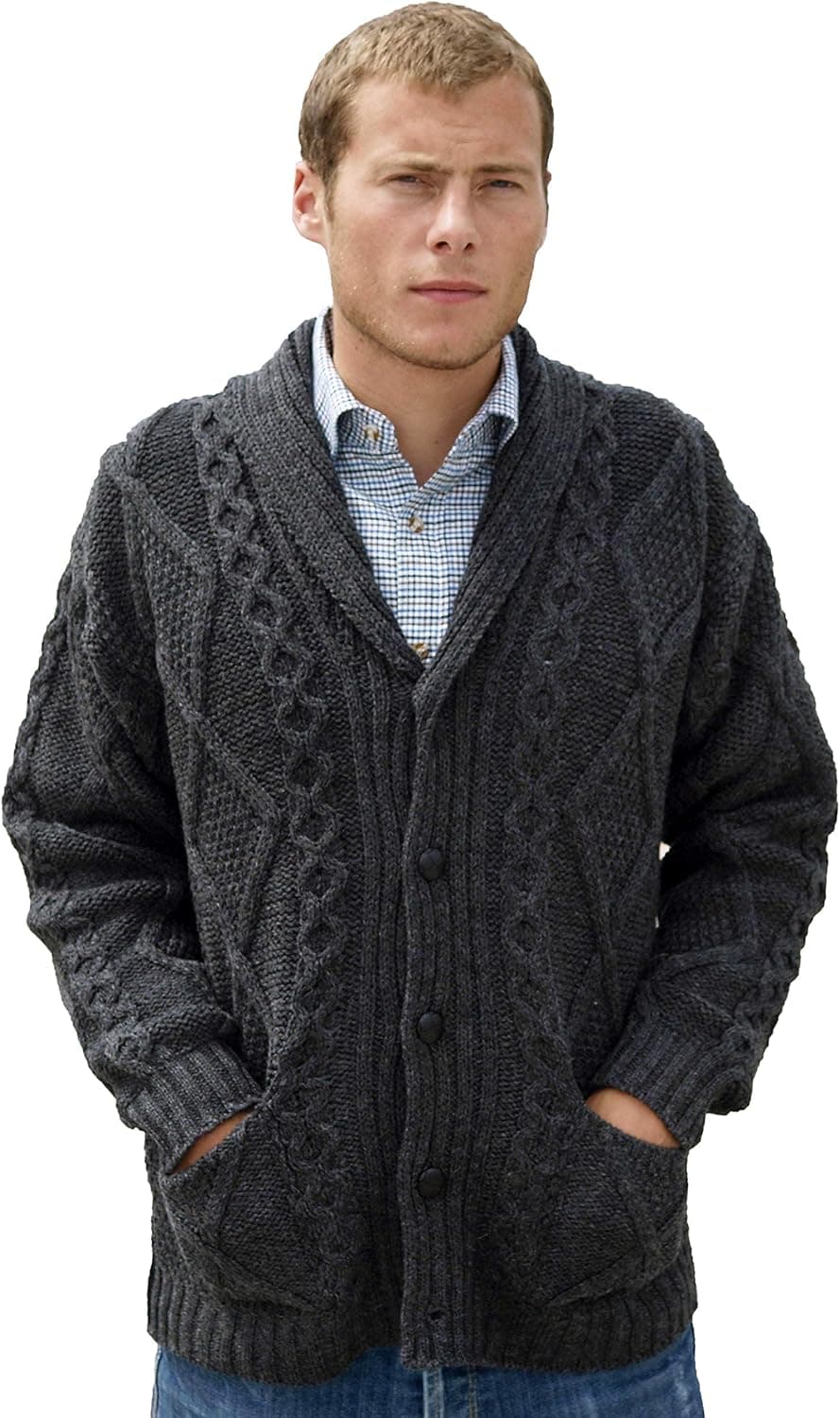 Aran Crafts Men's Irish Cable Knitted Cardigan Sweater (100% Merino Wool)