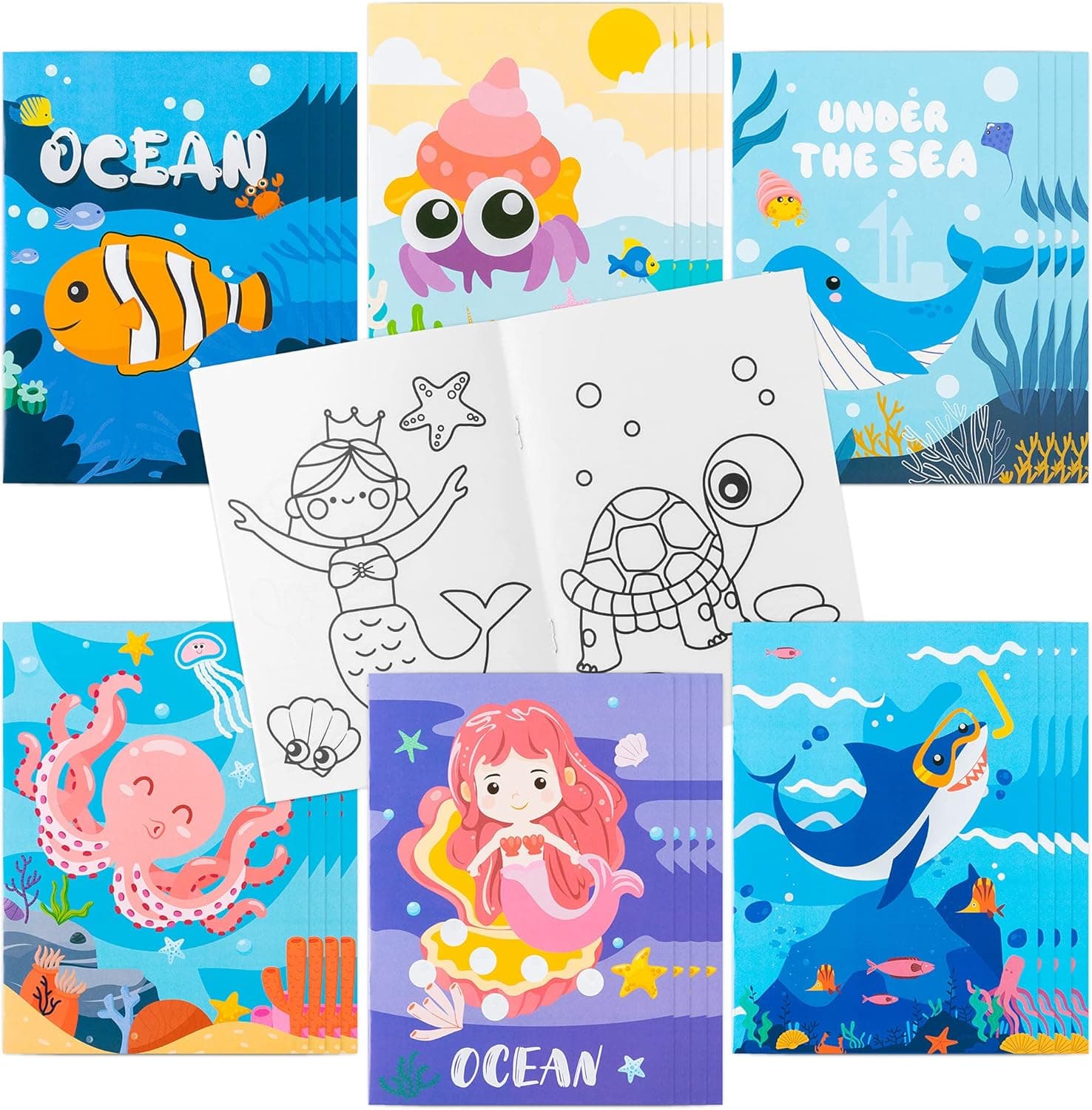 MALLMALL6 24Pcs Ocean Coloring Books Under The Sea Including Mermaid Shark Octopus Jellyfish DIY Art Drawing Pattern Birthday Party Favors Gifts Home School Classroom Activity Supply for Kids Age 4-8